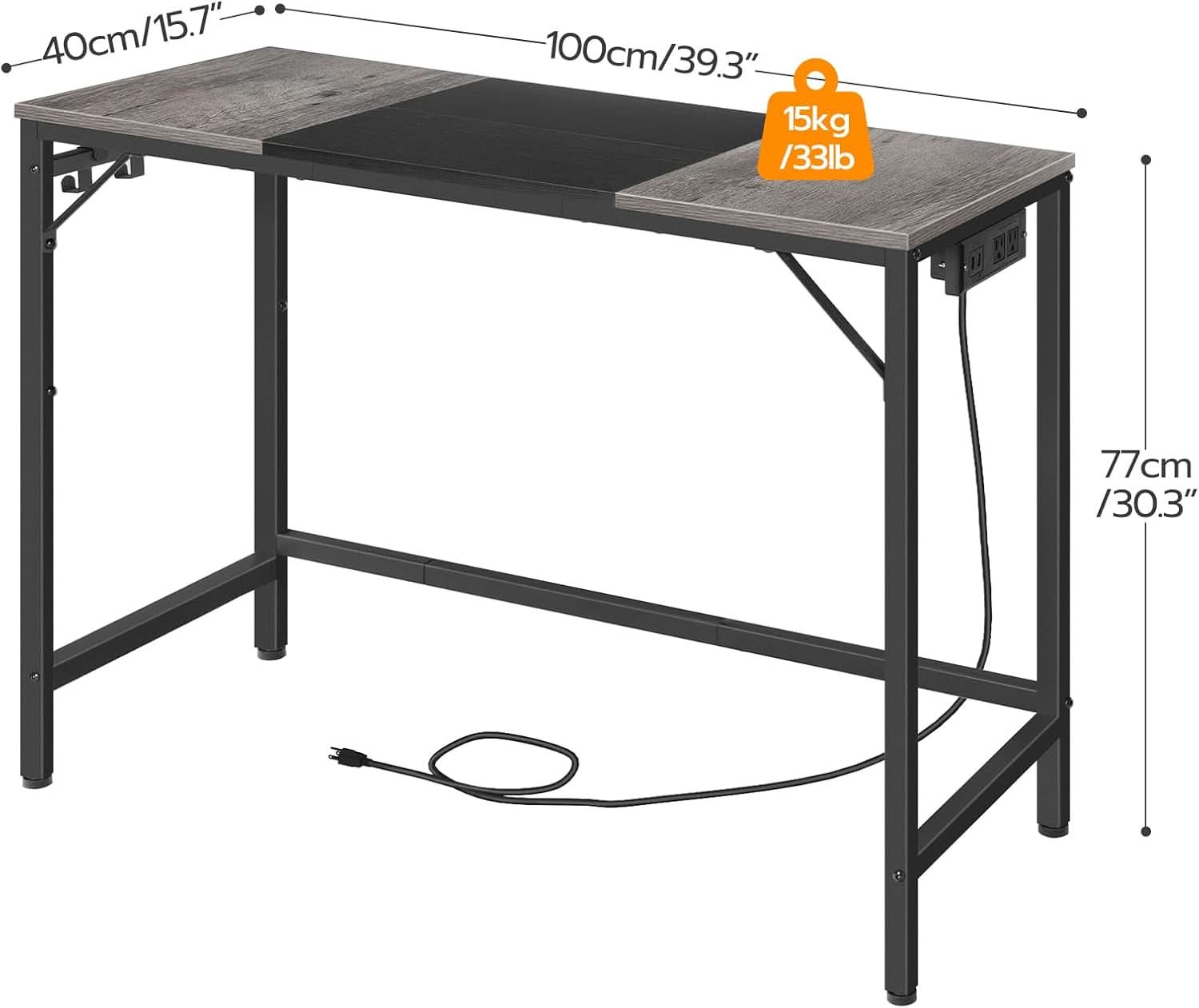 Charcoal Gray Computer Desk With Power Outlet And Hooks