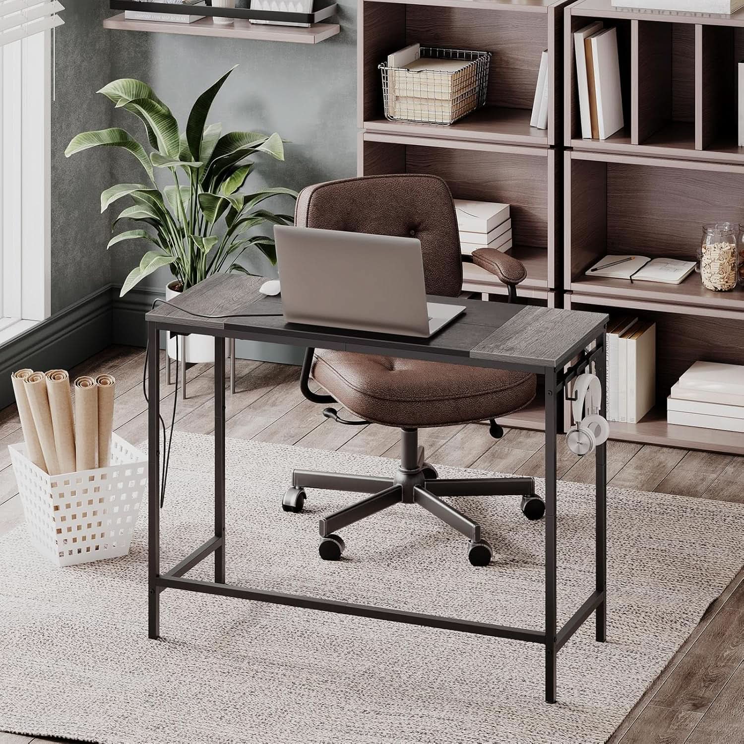 Charcoal Gray Computer Desk With Power Outlet And Hooks