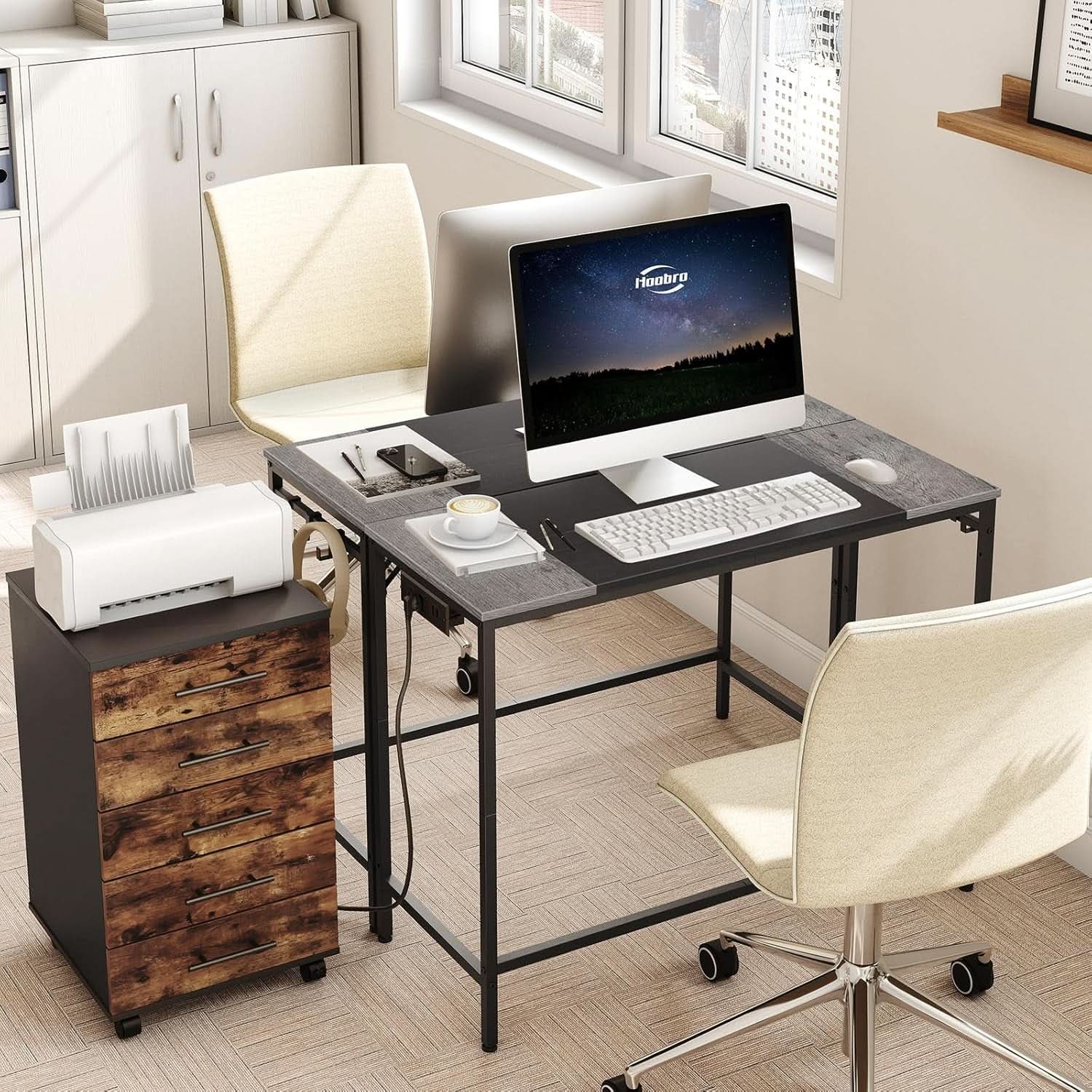 Charcoal Gray Computer Desk With Power Outlet And Hooks