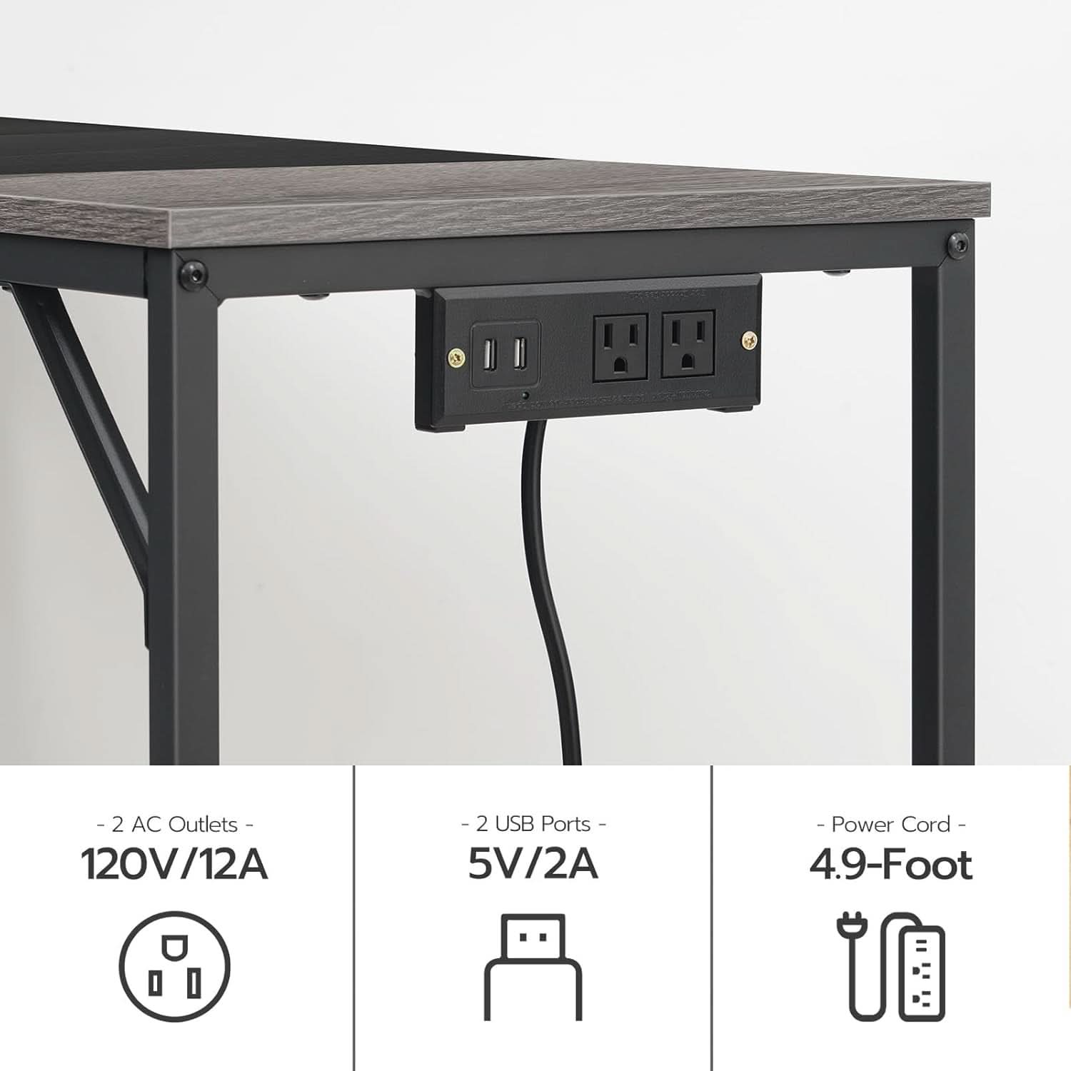 Charcoal Gray Computer Desk With Power Outlet And Hooks