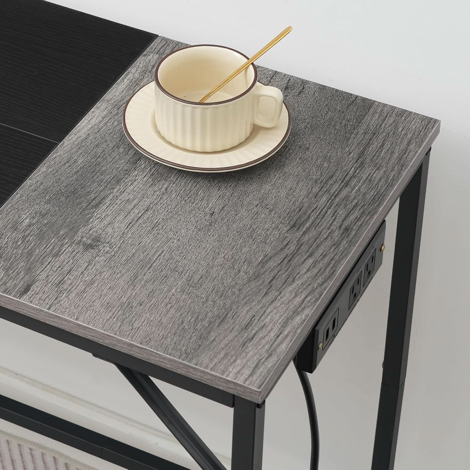 Charcoal Gray Computer Desk With Power Outlet And Hooks