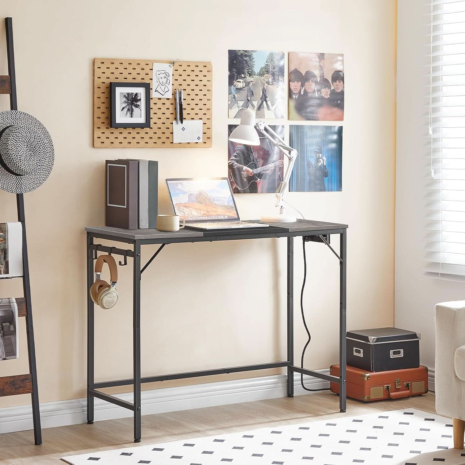 Charcoal Gray Computer Desk With Power Outlet And Hooks