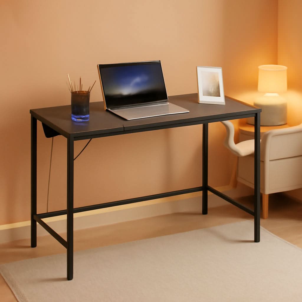 Charcoal Gray Computer Desk With Power Outlet And Hooks