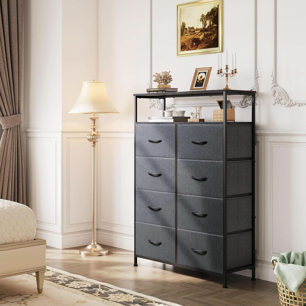 Charcoal Gray Fabric Dresser With Shelves And 8 Drawers