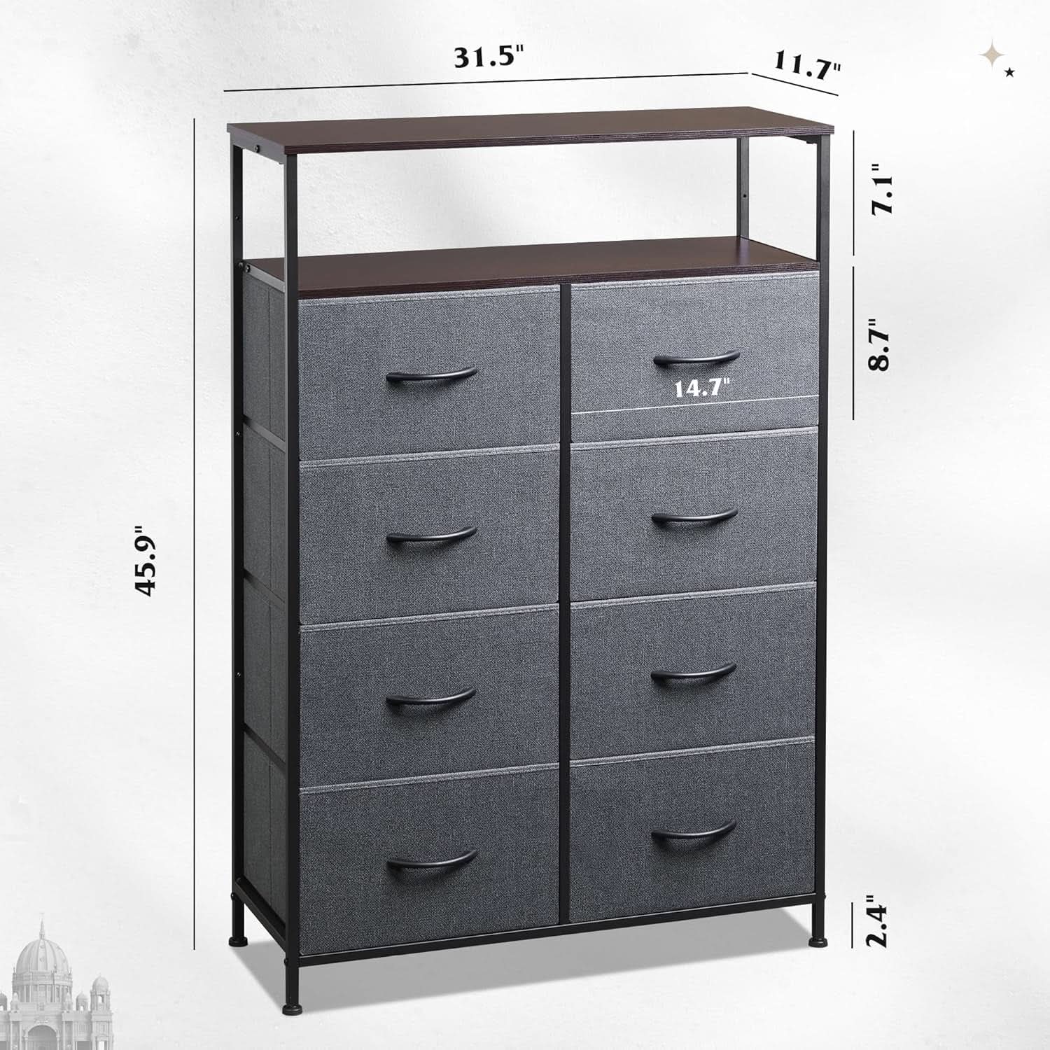 Charcoal Gray Fabric Dresser With Shelves And 8 Drawers