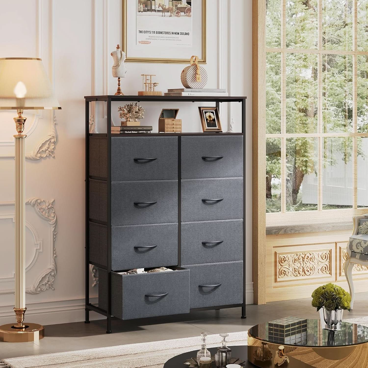 Charcoal Gray Fabric Dresser With Shelves And 8 Drawers