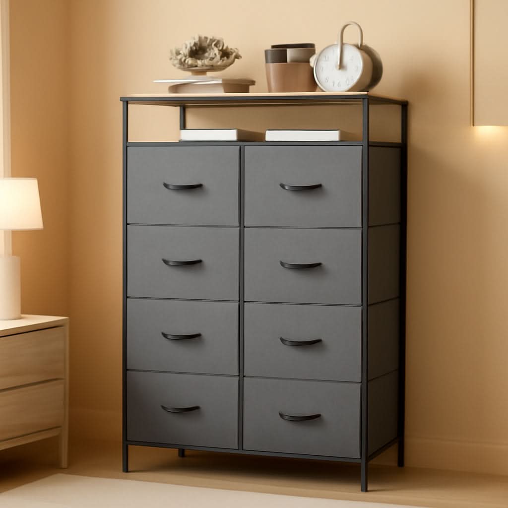 Charcoal Gray Fabric Dresser With Shelves And 8 Drawers