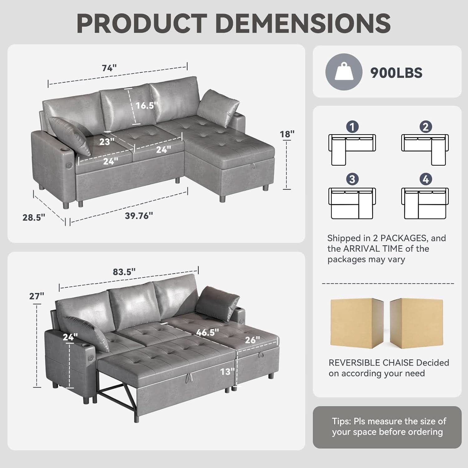 Charcoal Gray Sleeper Sofa With Reversible Storage Chaise
