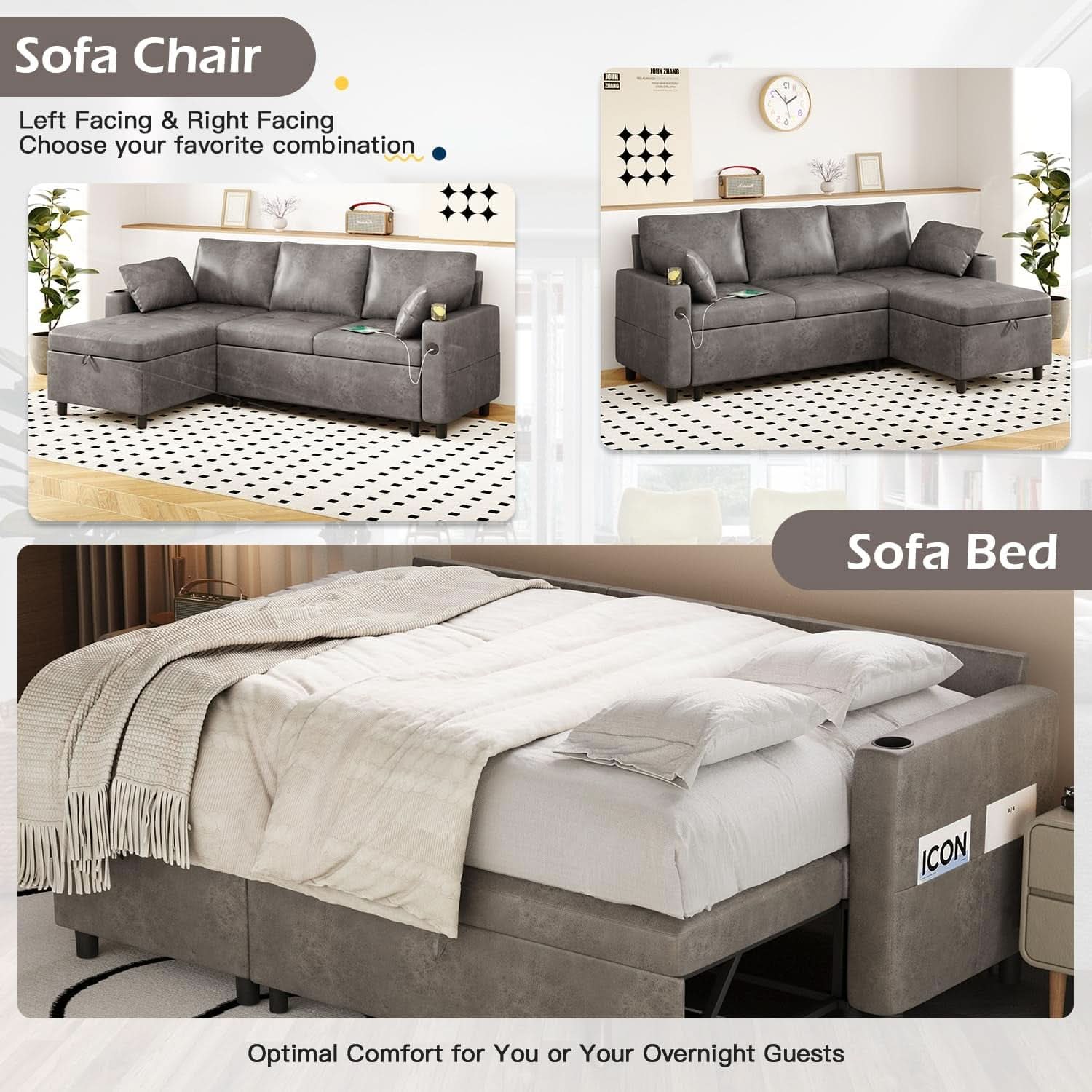 Charcoal Gray Sleeper Sofa With Reversible Storage Chaise