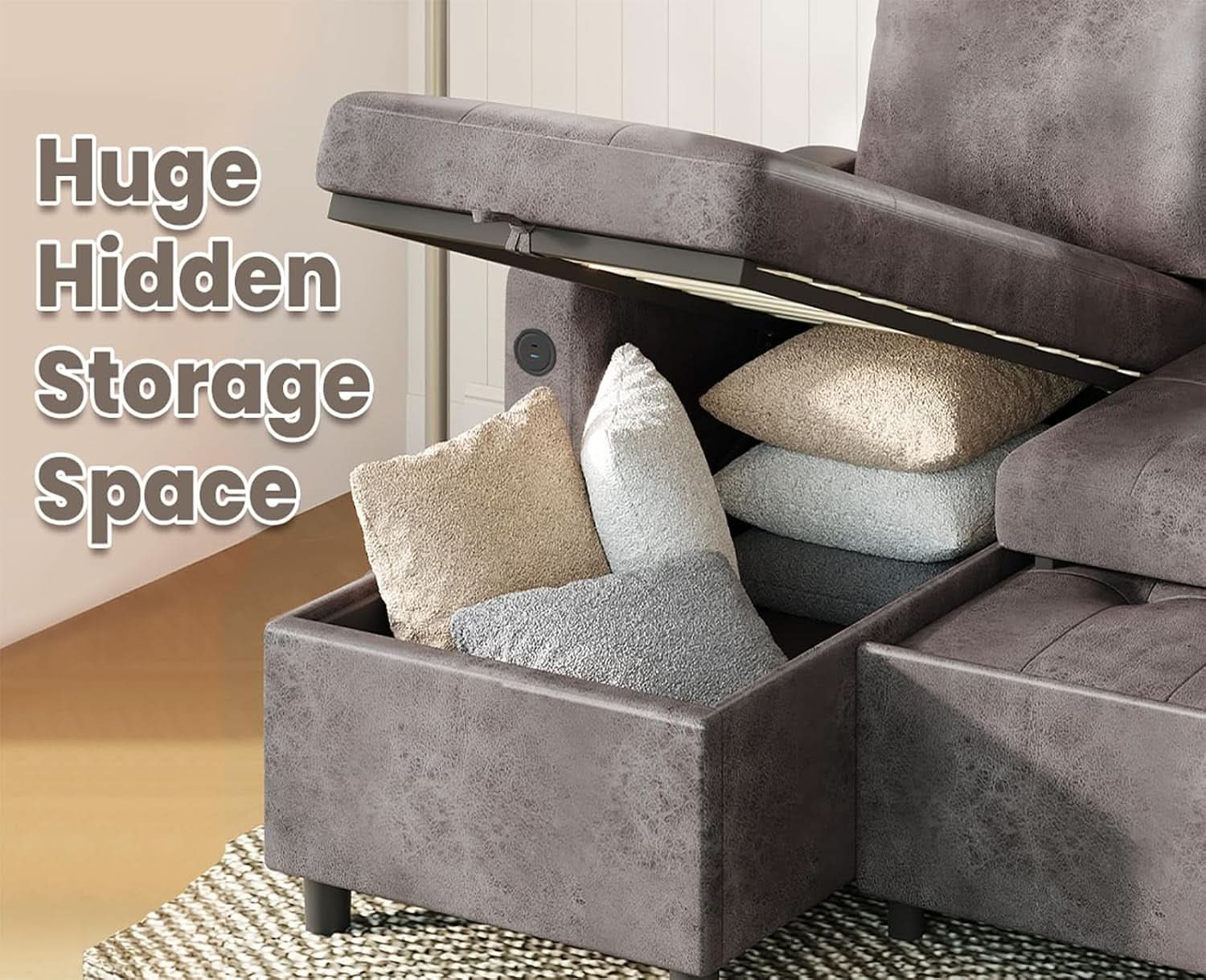 Charcoal Gray Sleeper Sofa With Reversible Storage Chaise