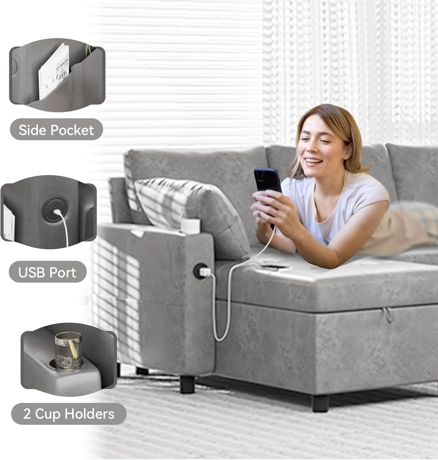Charcoal Gray Sleeper Sofa With Reversible Storage Chaise