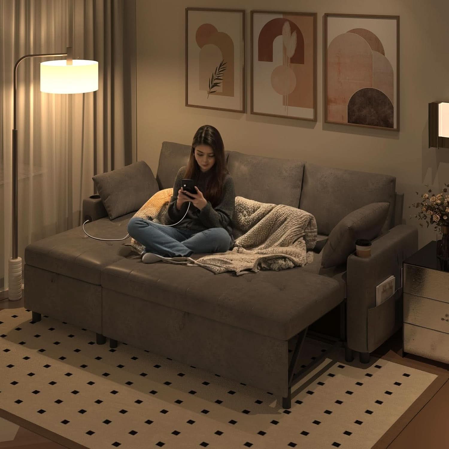 Charcoal Gray Sleeper Sofa With Reversible Storage Chaise