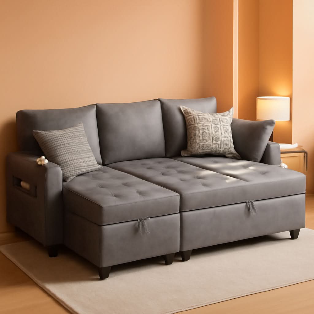 Charcoal Gray Sleeper Sofa With Reversible Storage Chaise