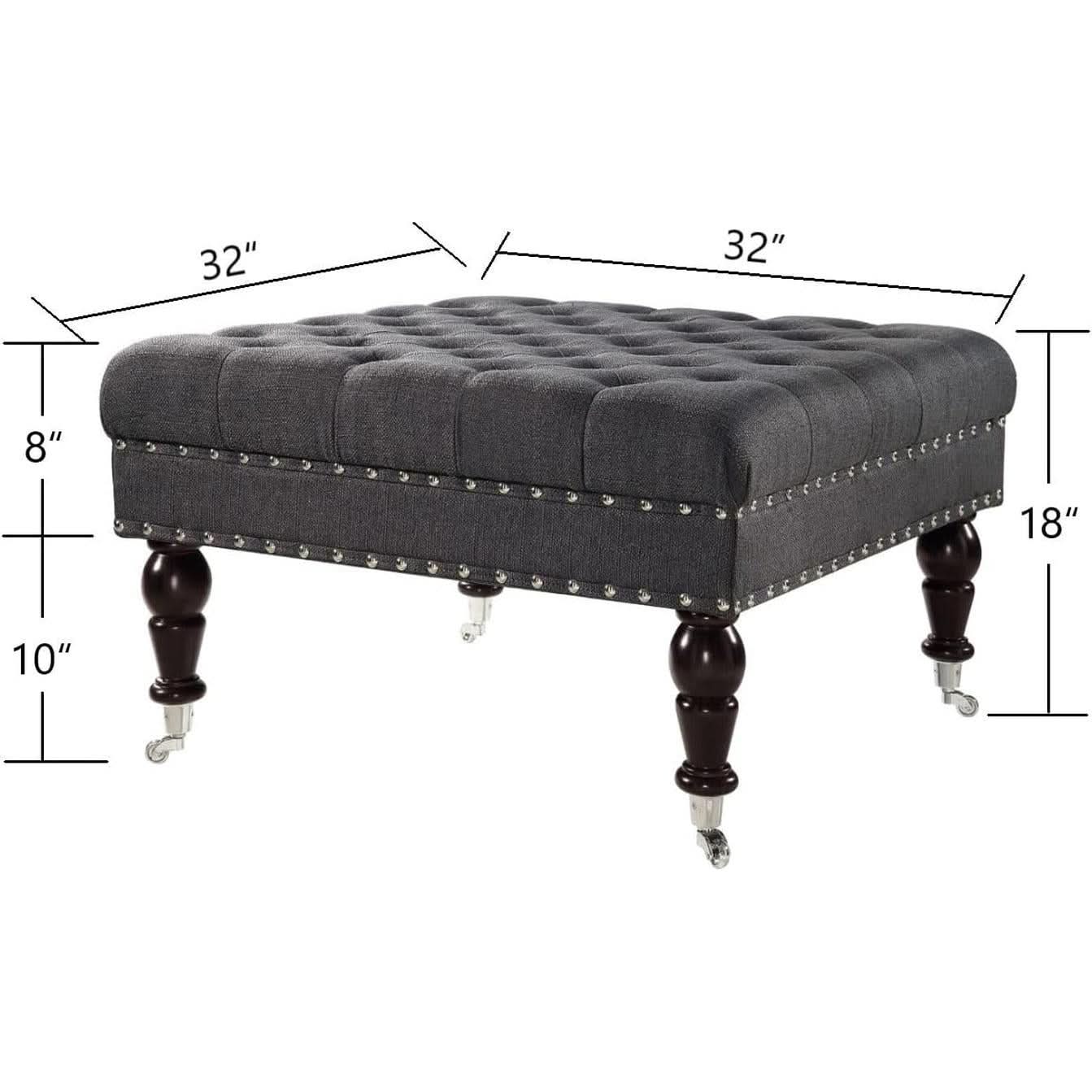 Charcoal Gray Tufted Square Ottoman With Rolling Wheels