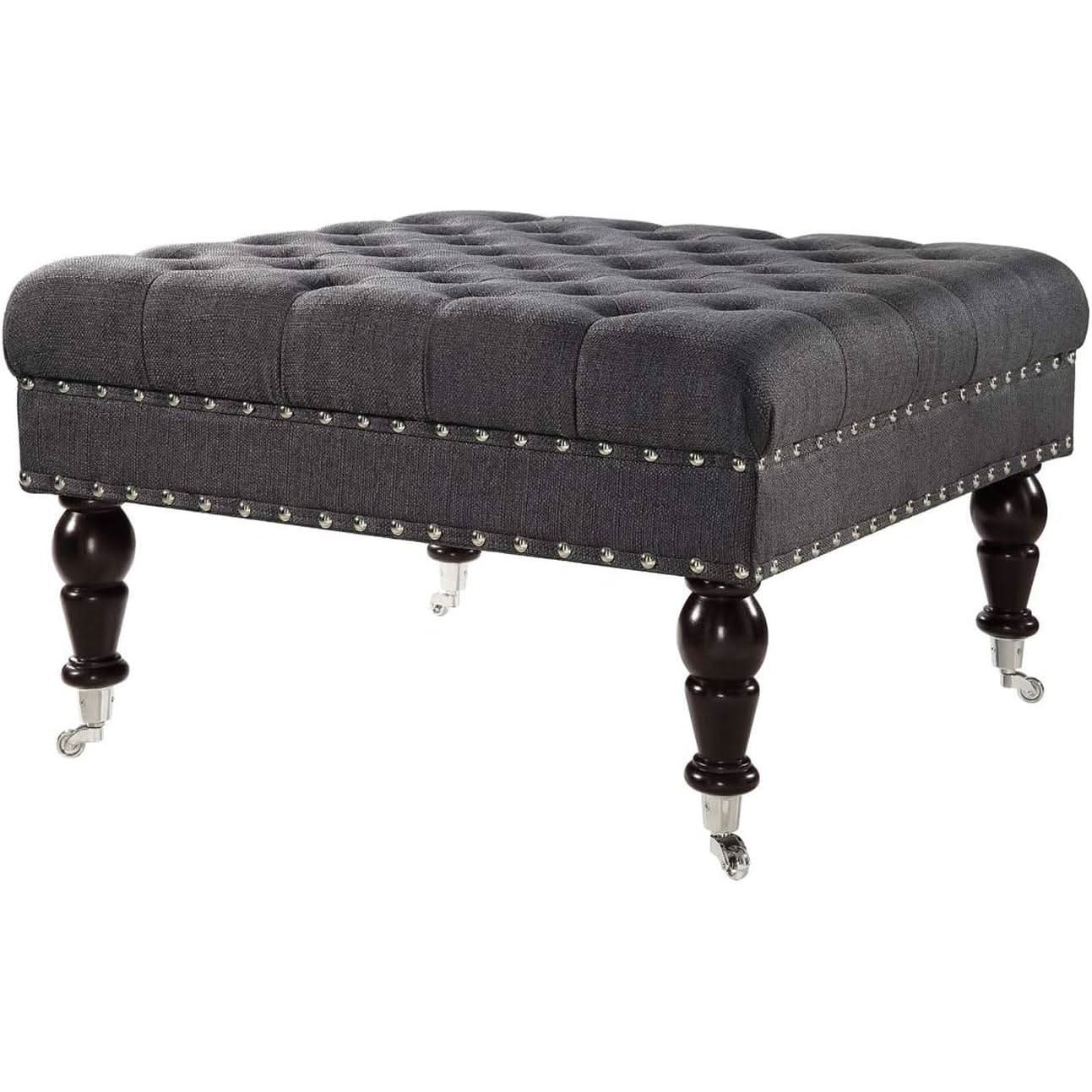 Charcoal Gray Tufted Square Ottoman With Rolling Wheels