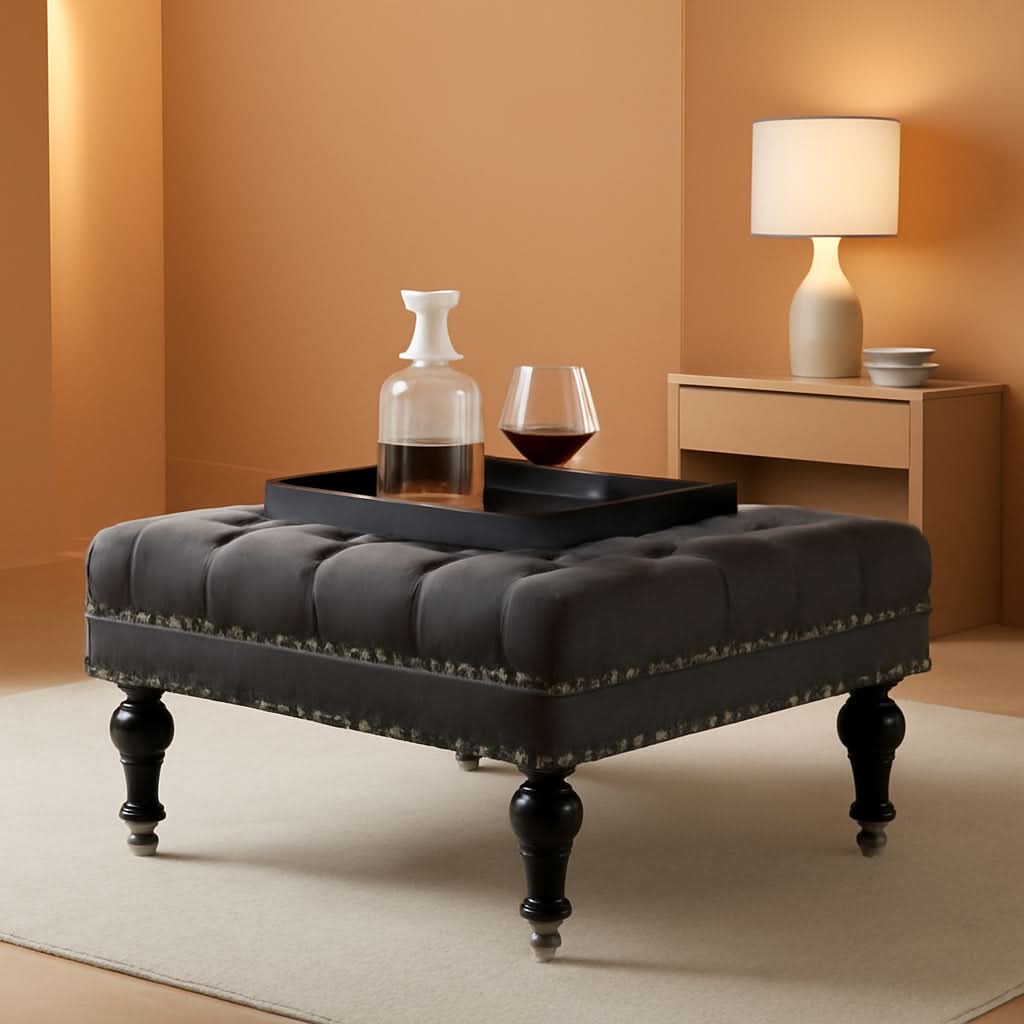 Charcoal Gray Tufted Square Ottoman With Rolling Wheels