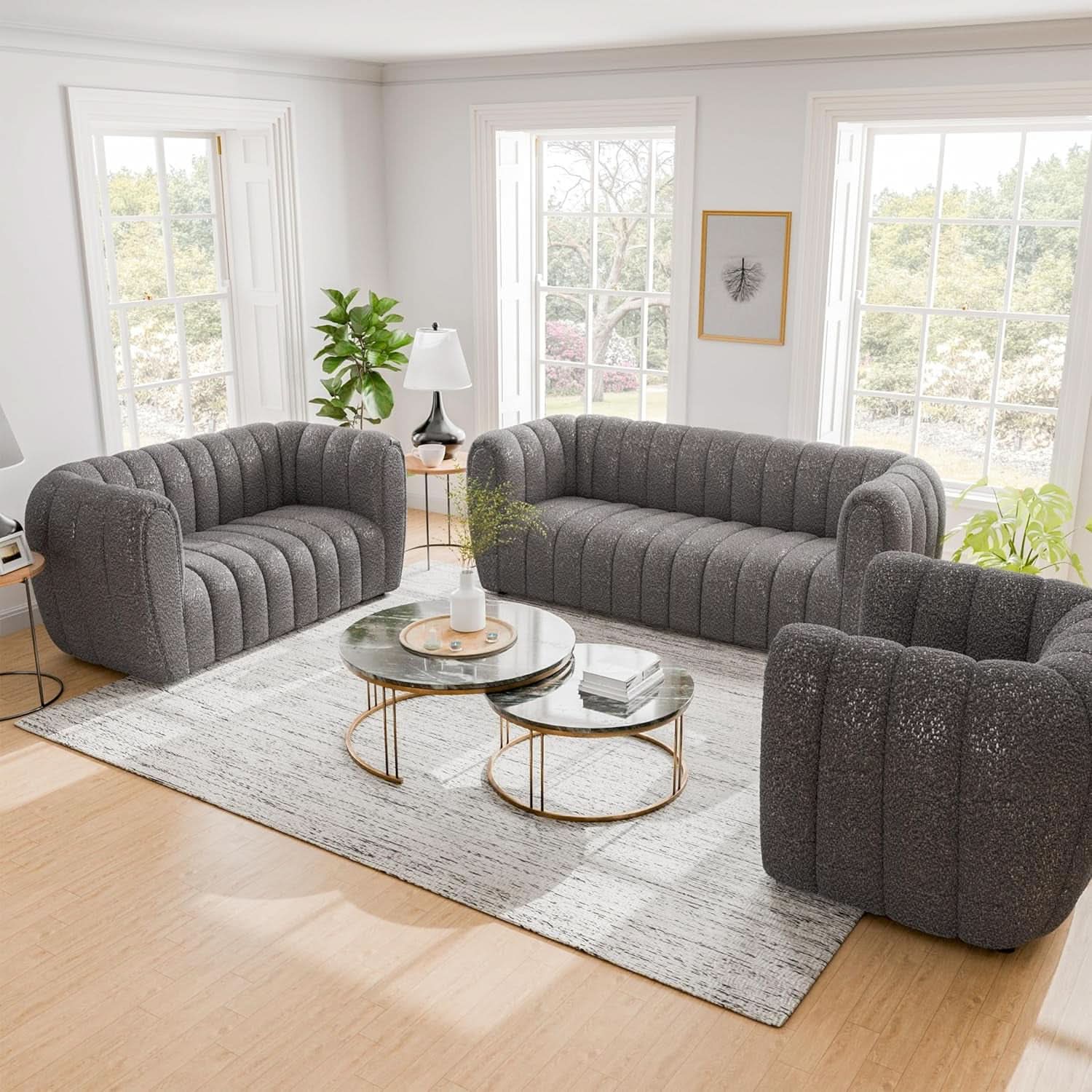 Charcoal Gray Vertical Channel Tufted 3 Piece Sofa Set