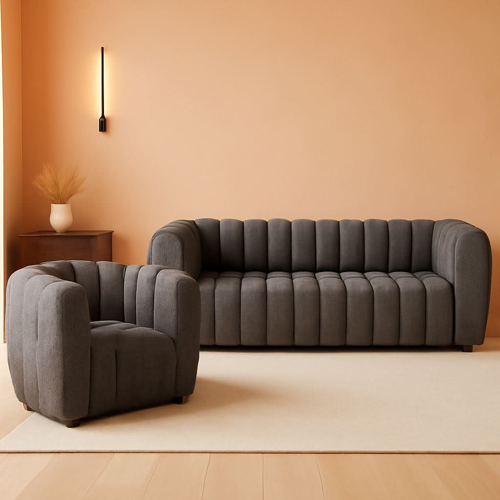 Charcoal Gray Vertical Channel Tufted 3 Piece Sofa Set