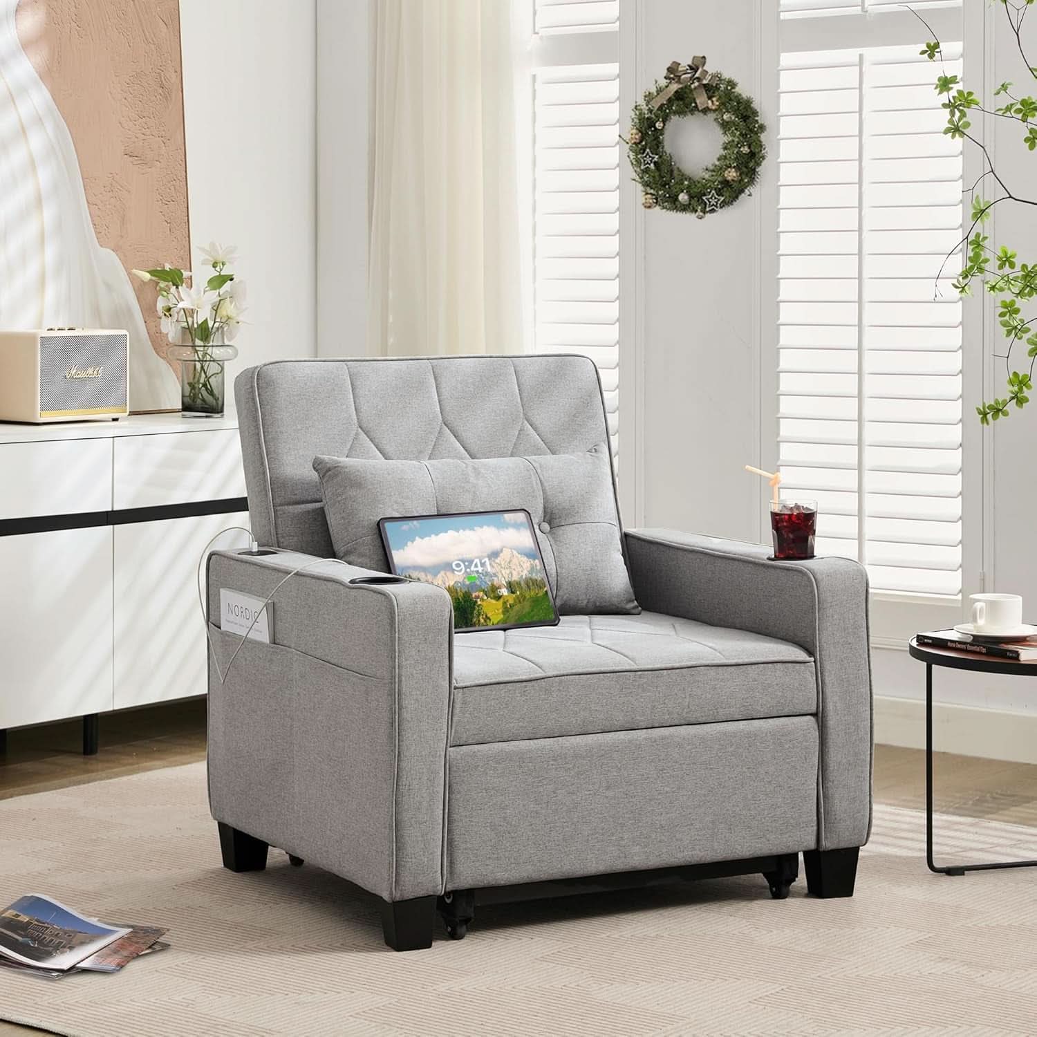 Charcoal Grey Convertible Sleeper Chair With USB Ports