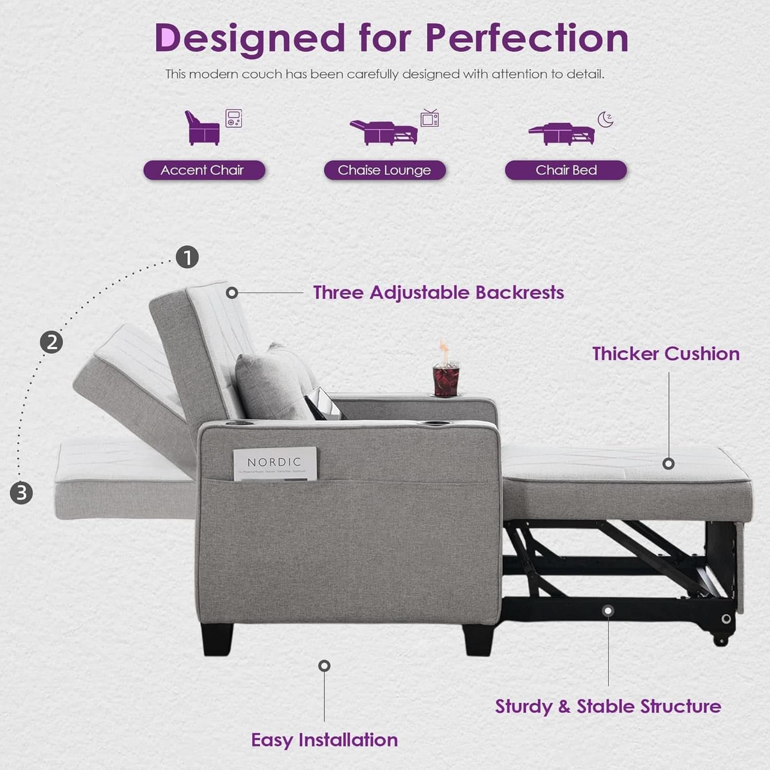 Charcoal Grey Convertible Sleeper Chair With USB Ports