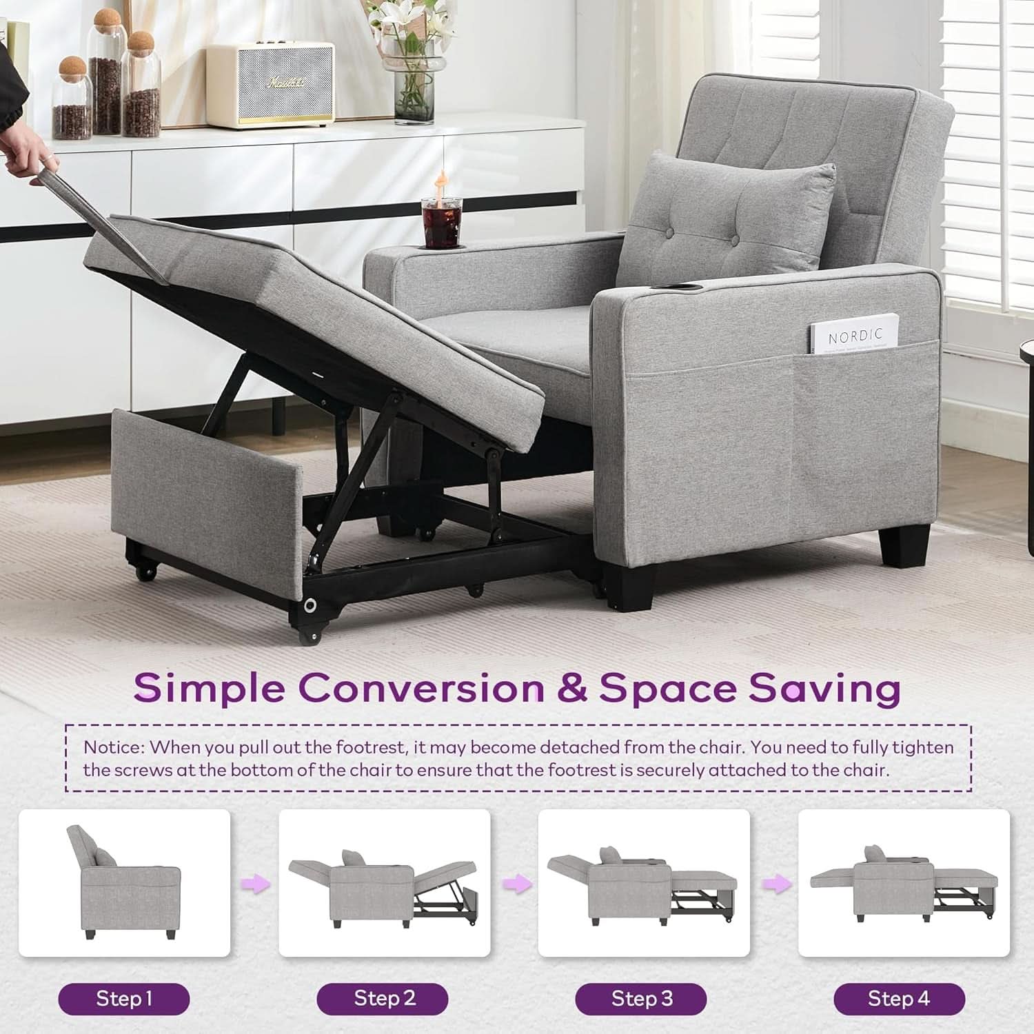 Charcoal Grey Convertible Sleeper Chair With USB Ports