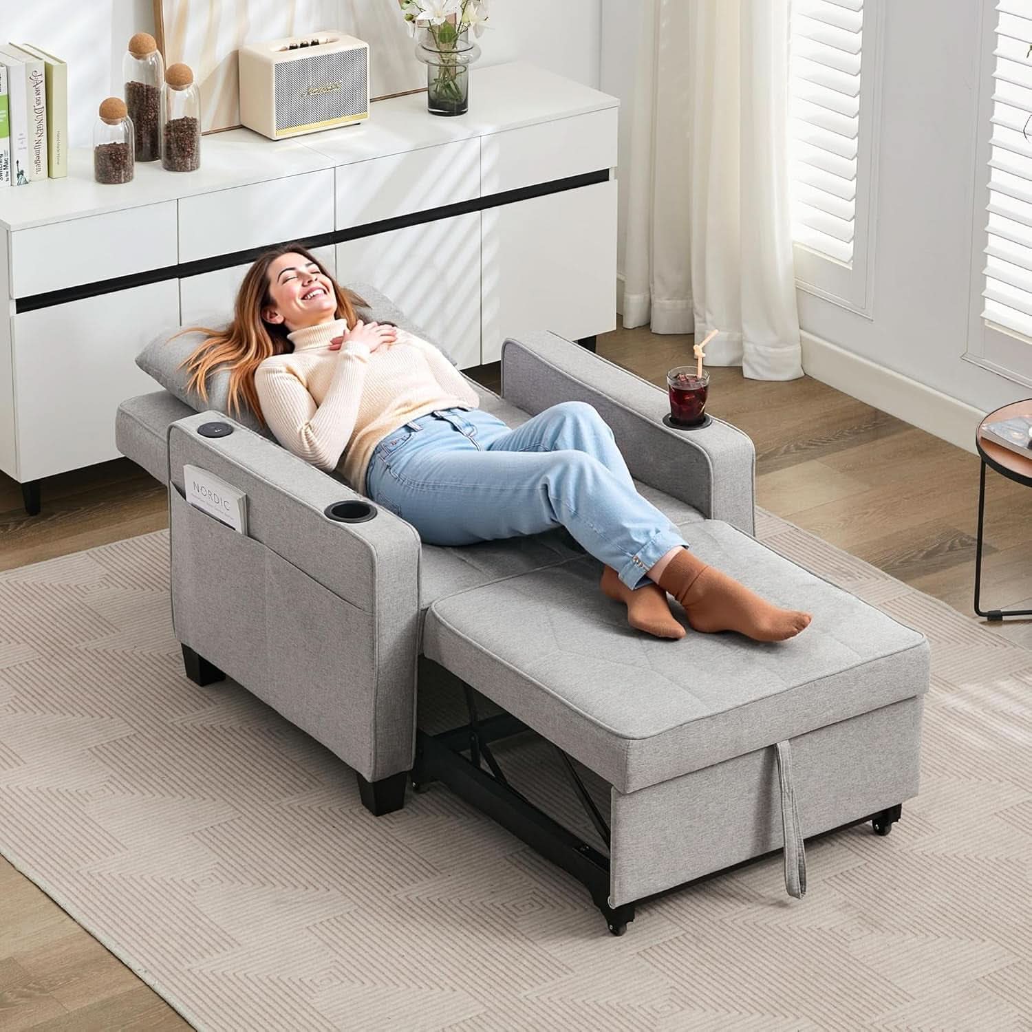 Charcoal Grey Convertible Sleeper Chair With USB Ports