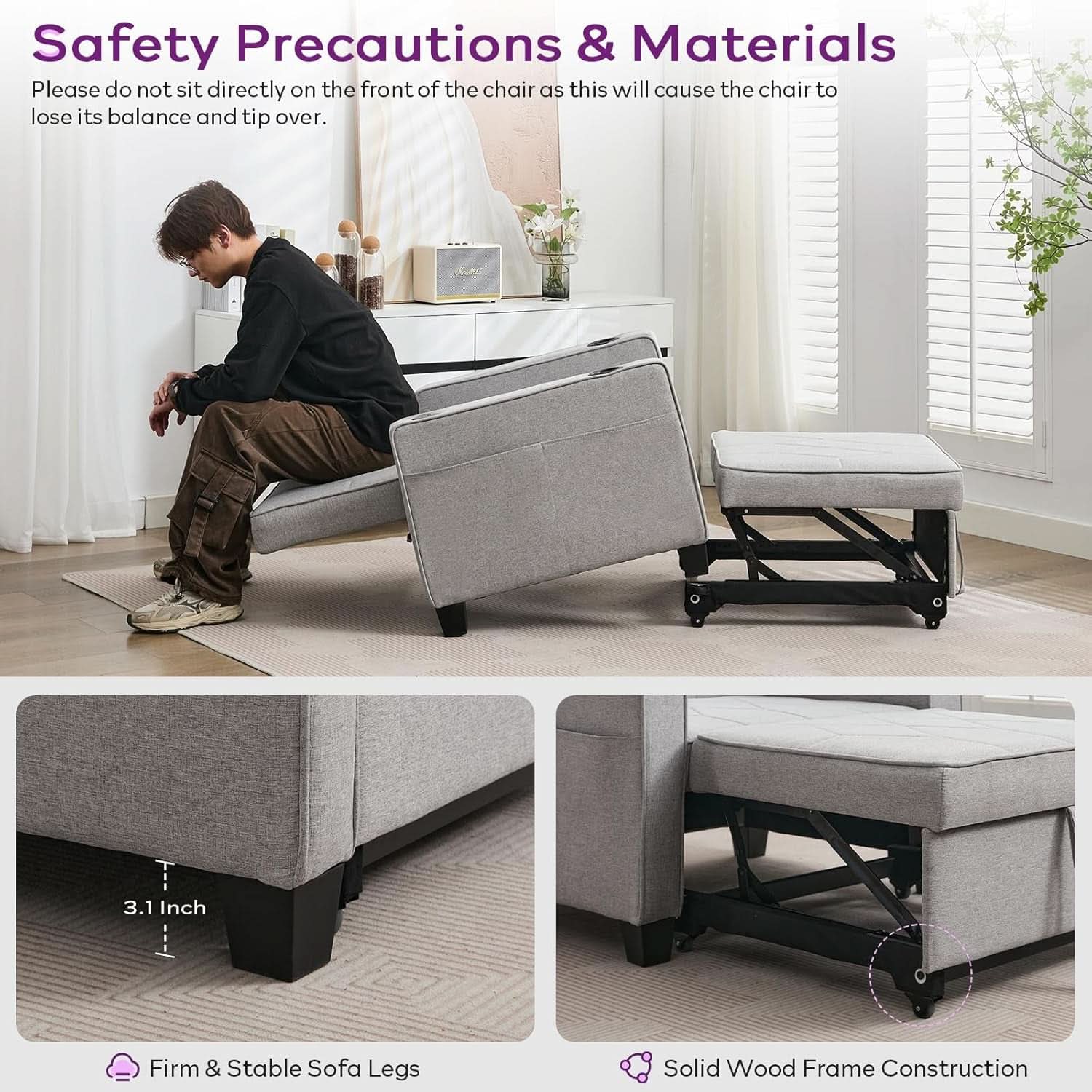 Charcoal Grey Convertible Sleeper Chair With USB Ports