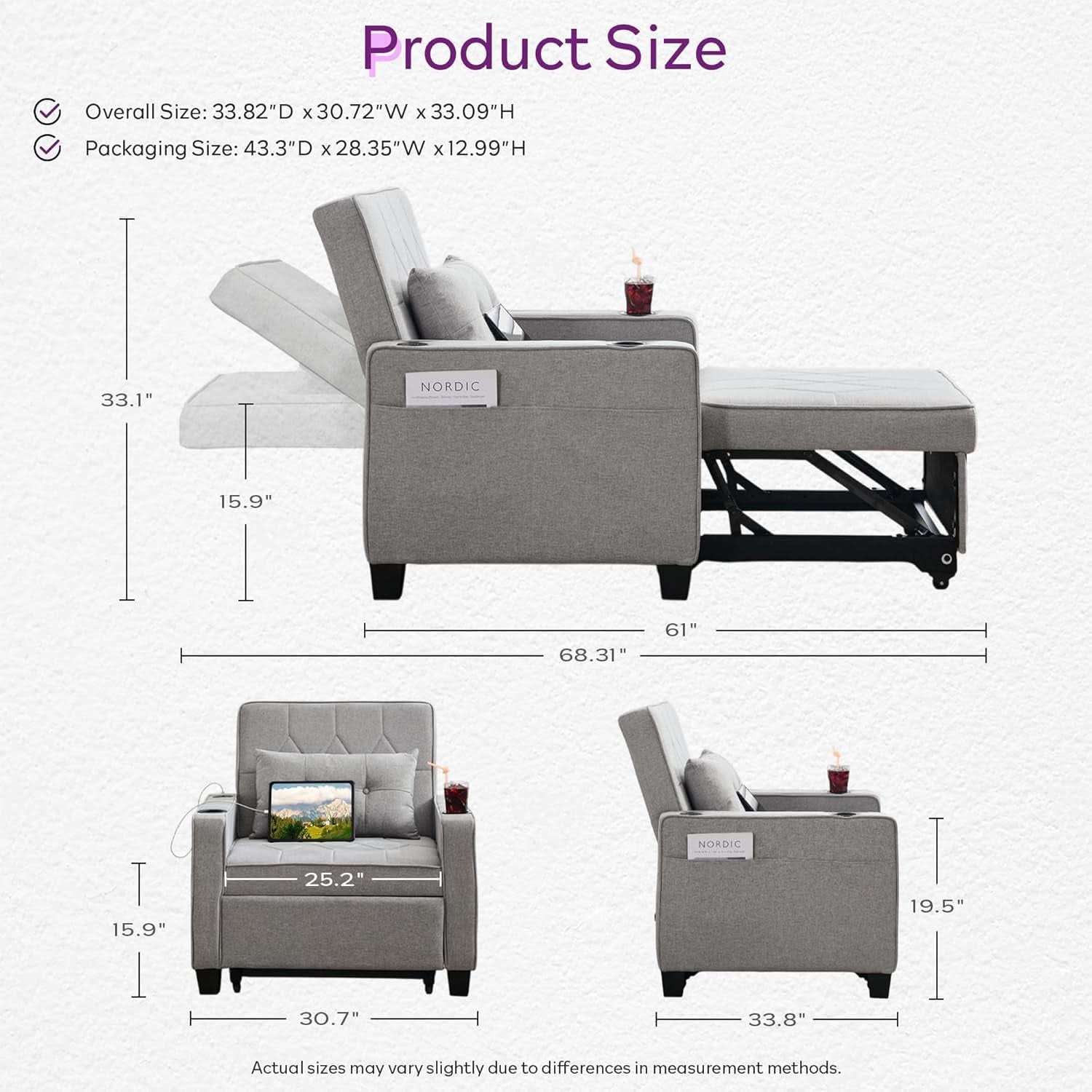 Charcoal Grey Convertible Sleeper Chair With USB Ports