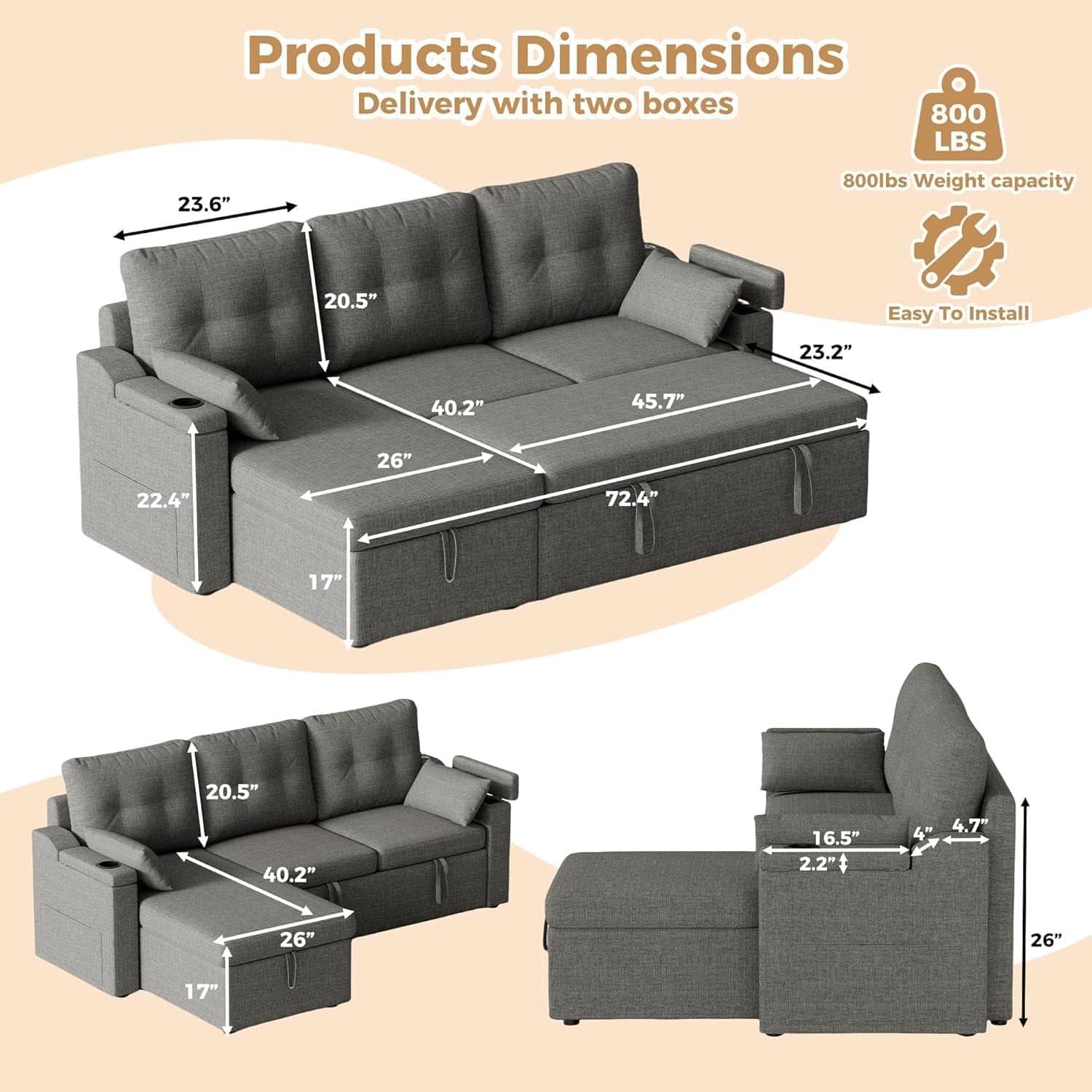Charcoal LShaped Convertible Sleeper Sofa USB Ports