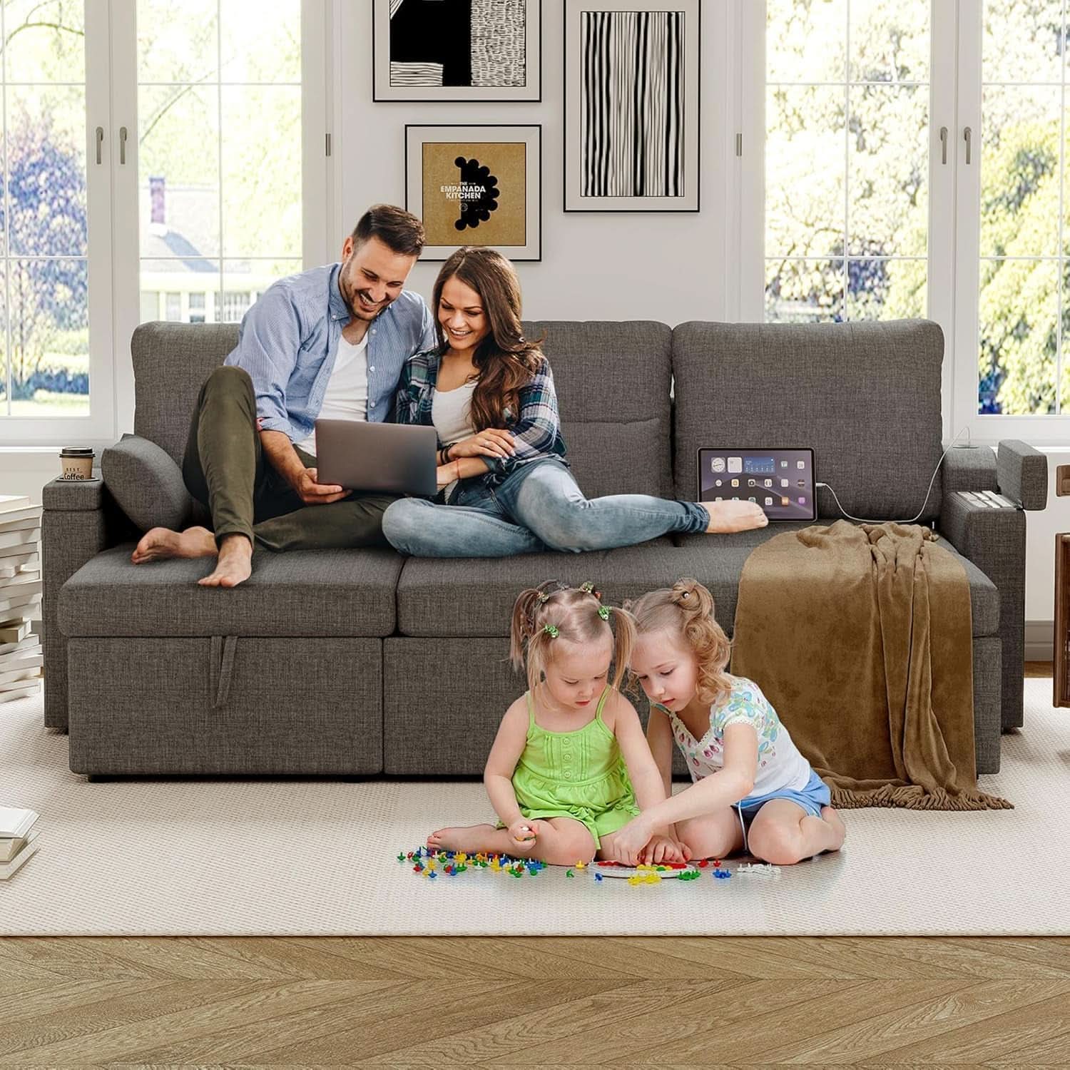 Charcoal LShaped Convertible Sleeper Sofa USB Ports