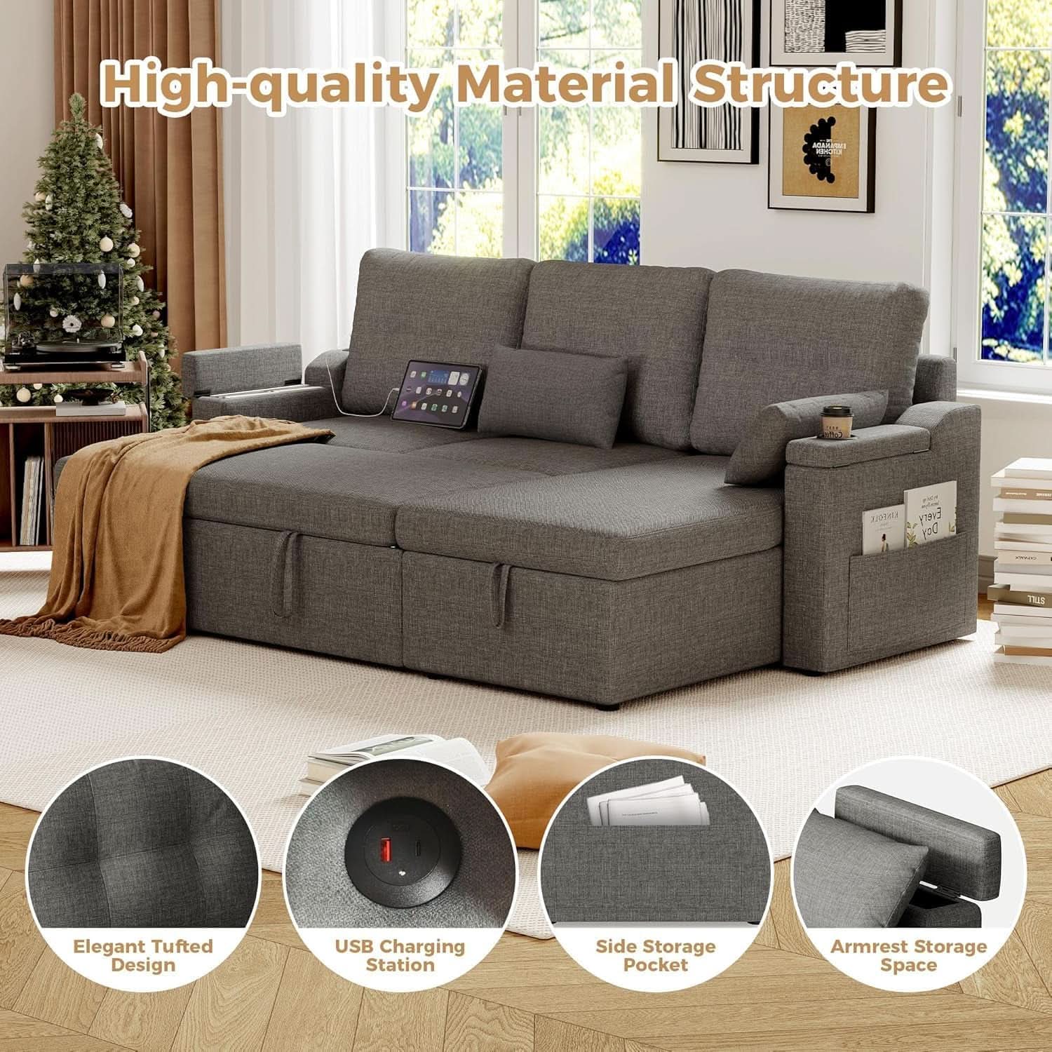 Charcoal LShaped Convertible Sleeper Sofa USB Ports