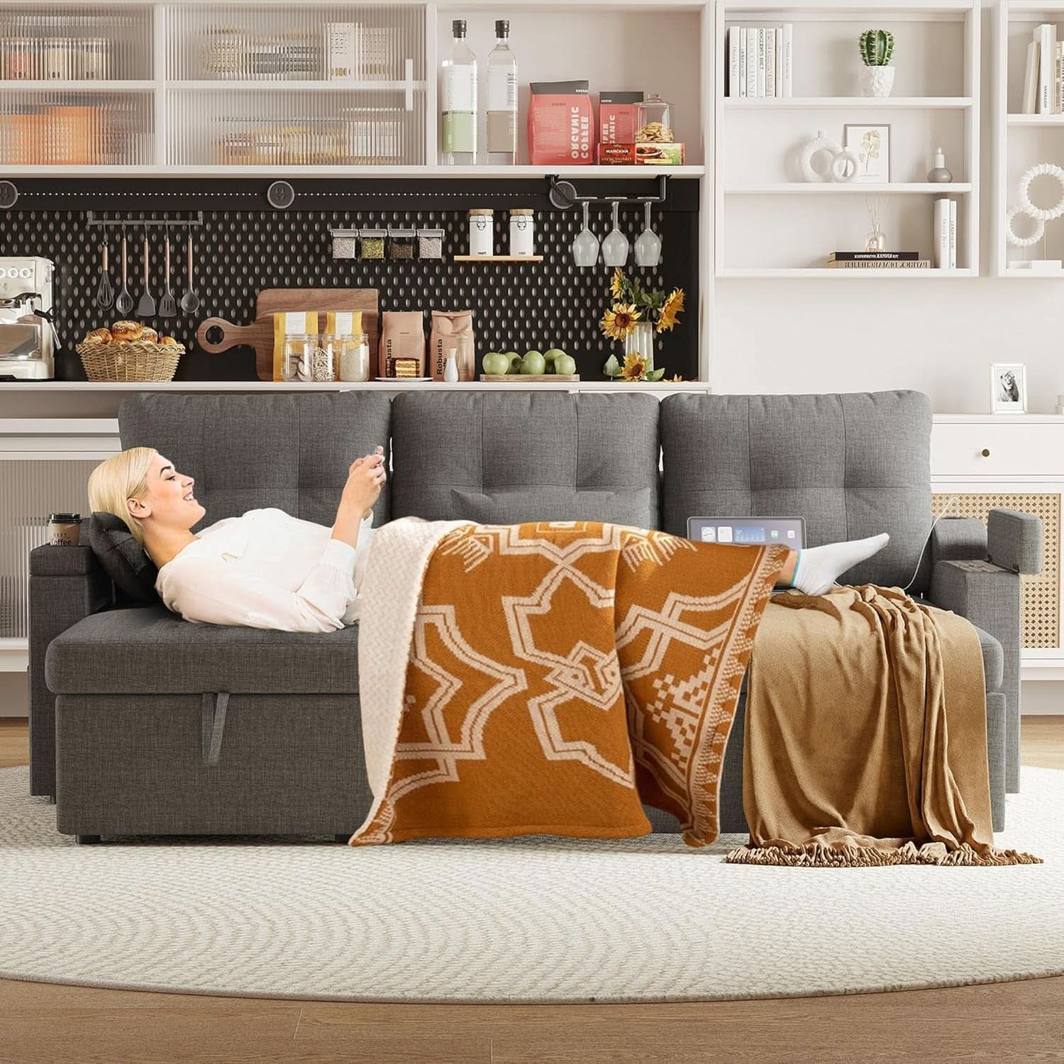 Charcoal LShaped Convertible Sleeper Sofa USB Ports