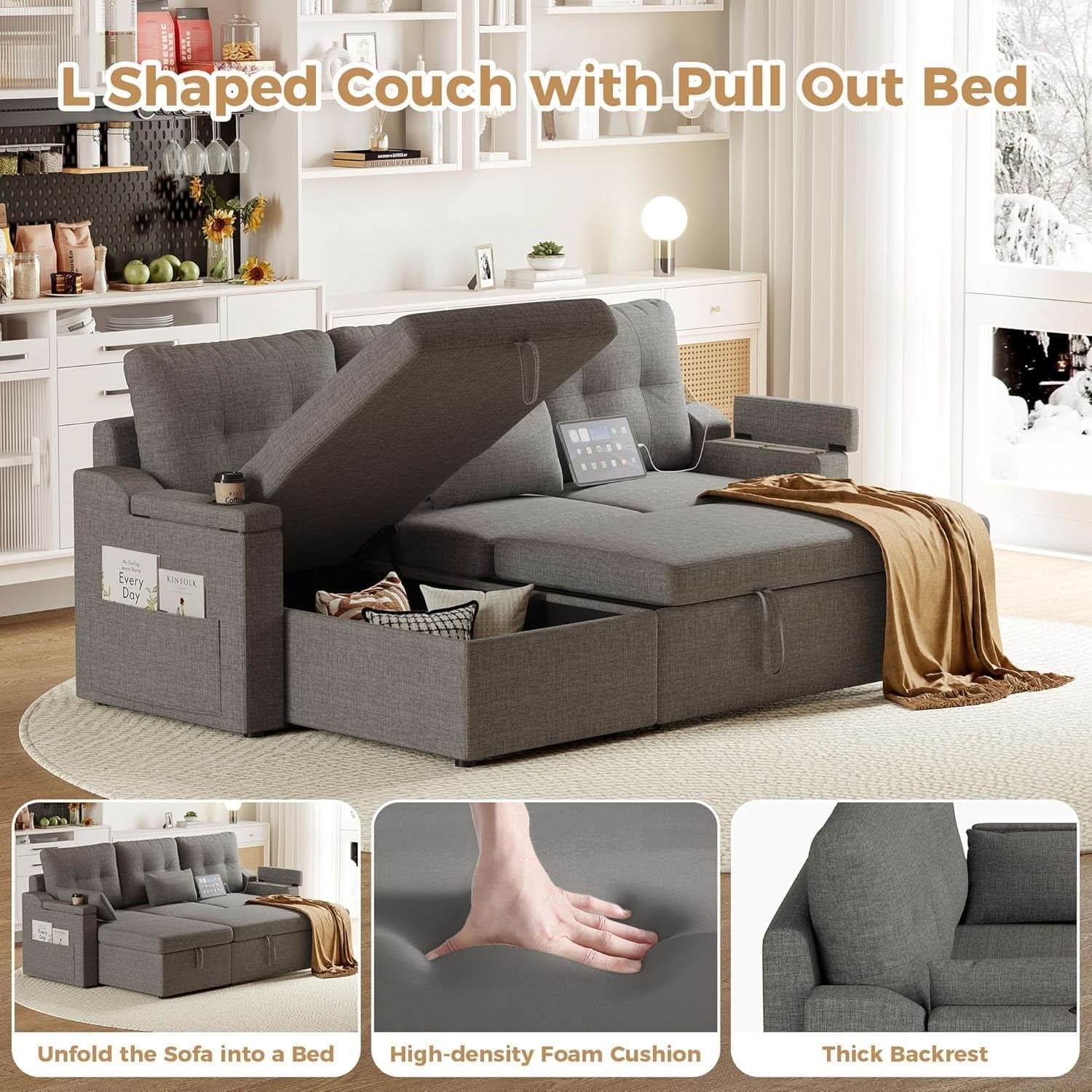 Charcoal LShaped Convertible Sleeper Sofa USB Ports
