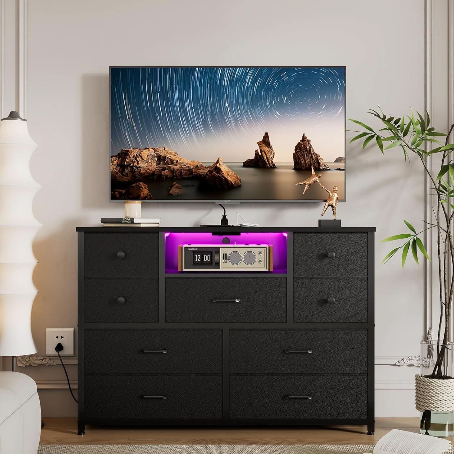 Charcoal Nine Drawer Wardrobe TV Stand With LED Lighting