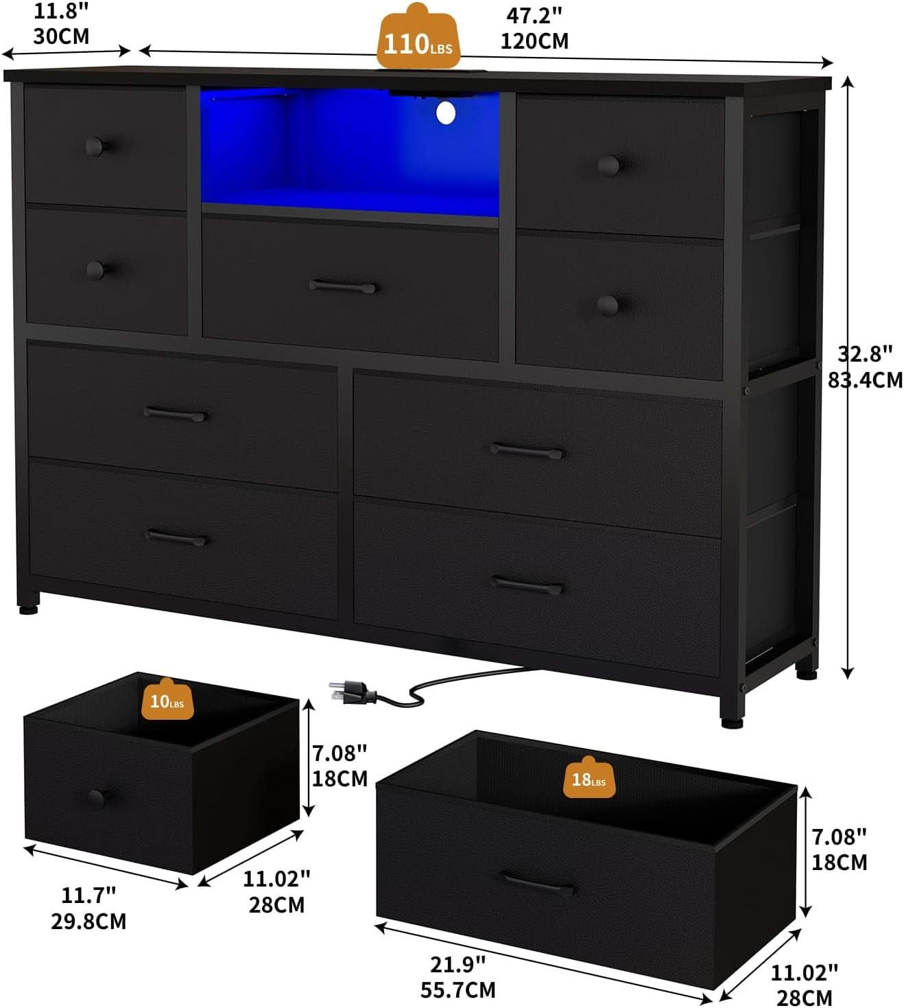 Charcoal Nine Drawer Wardrobe TV Stand With LED Lighting