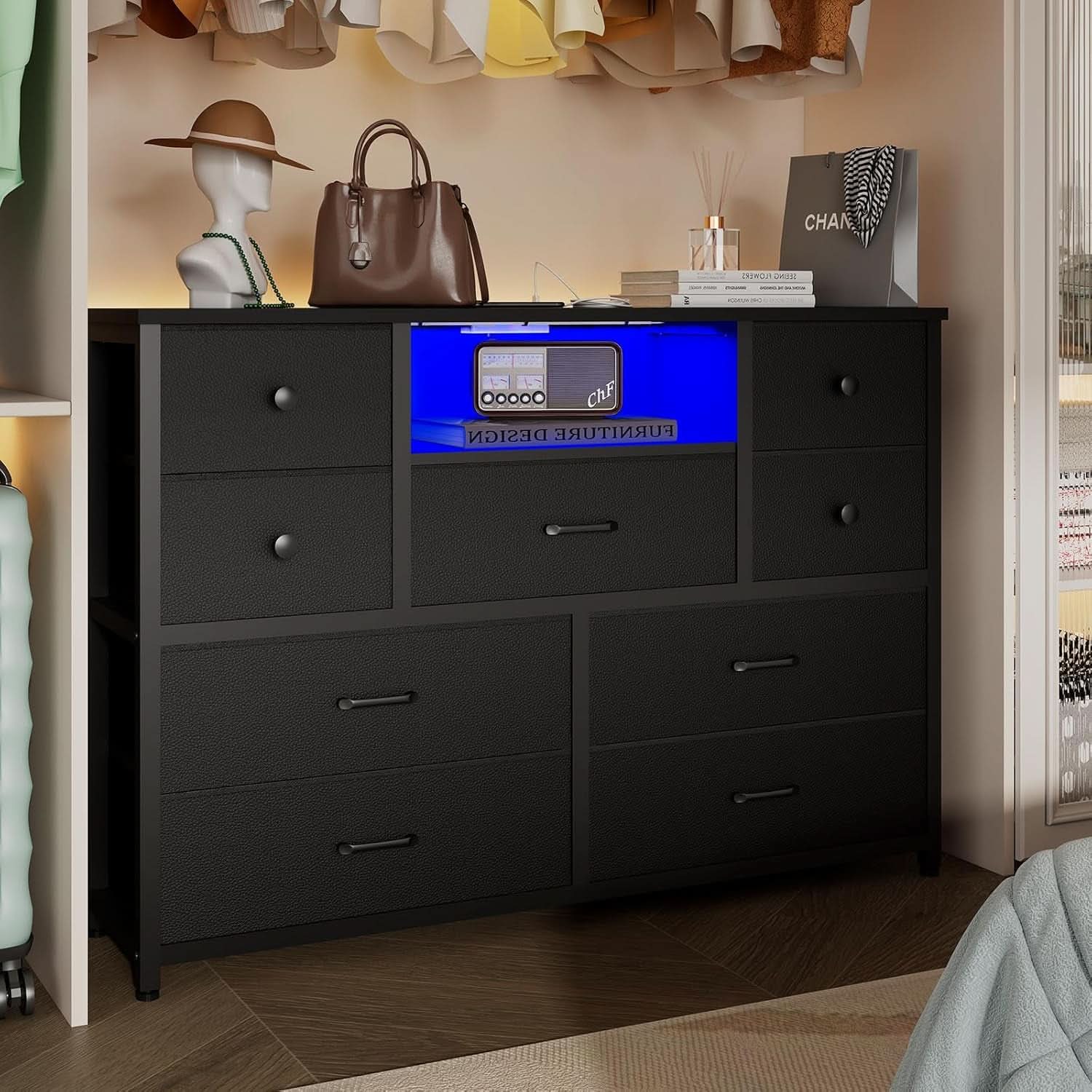Charcoal Nine Drawer Wardrobe TV Stand With LED Lighting