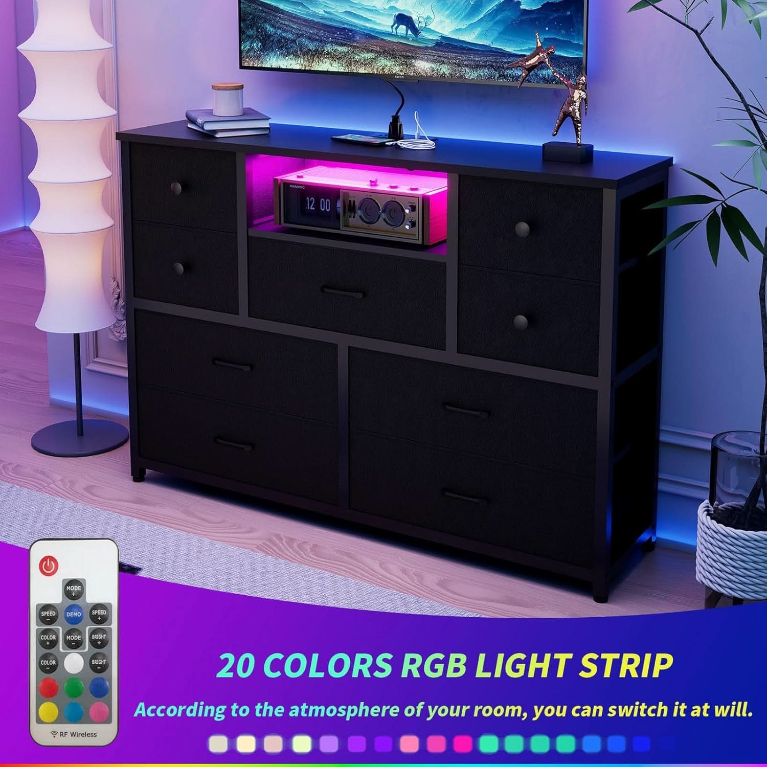 Charcoal Nine Drawer Wardrobe TV Stand With LED Lighting