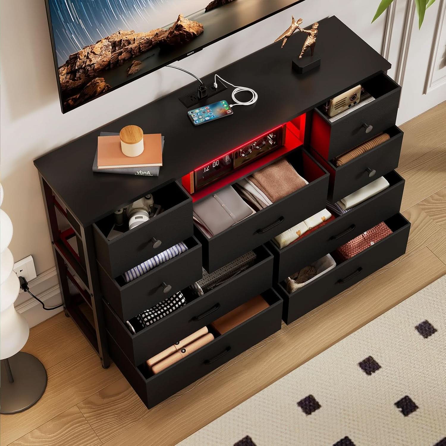 Charcoal Nine Drawer Wardrobe TV Stand With LED Lighting