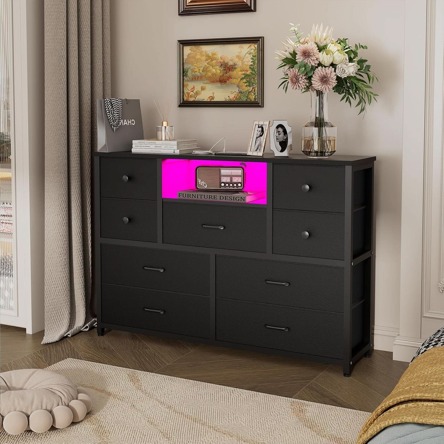 Charcoal Nine Drawer Wardrobe TV Stand With LED Lighting