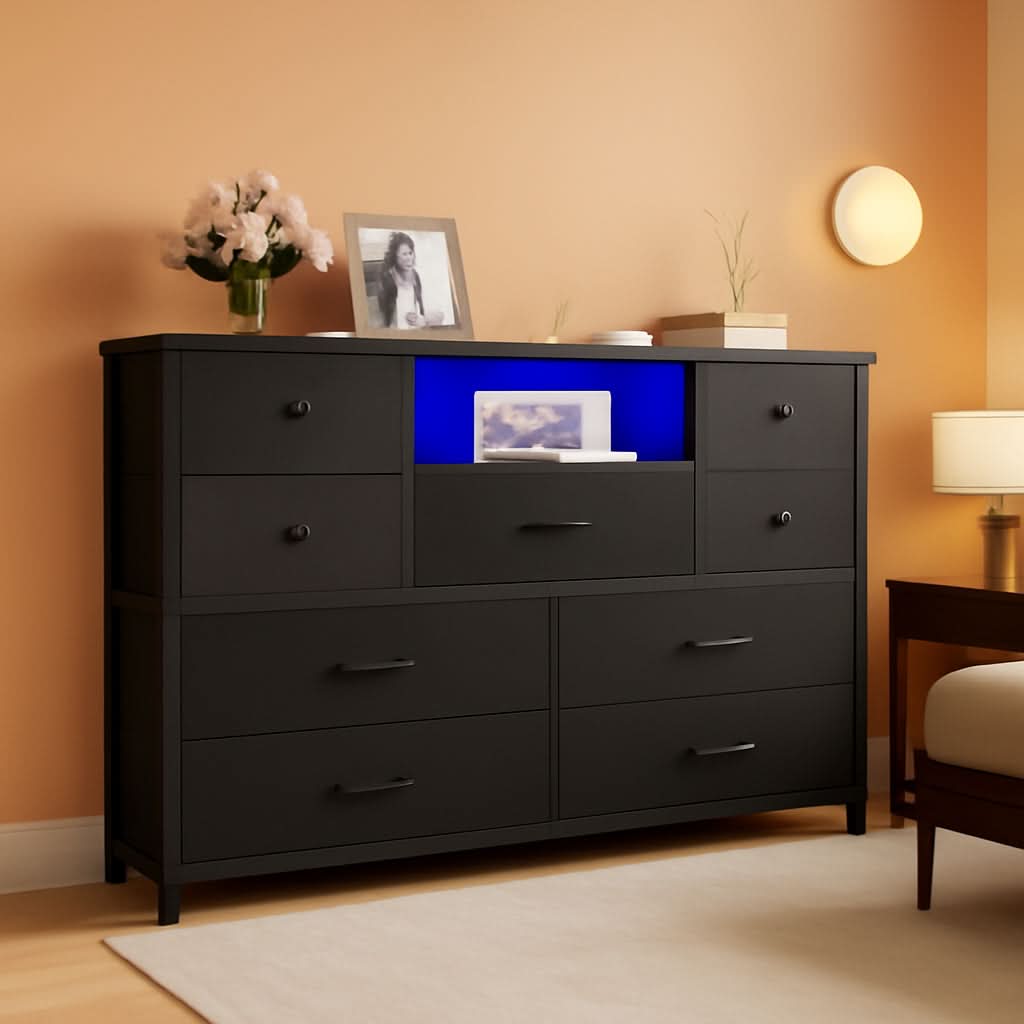 Charcoal Nine Drawer Wardrobe TV Stand With LED Lighting