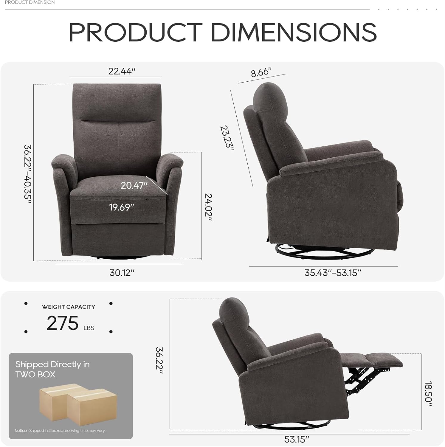 Charcoal Swivel Rocking Recliner Glider Chair With Footrest