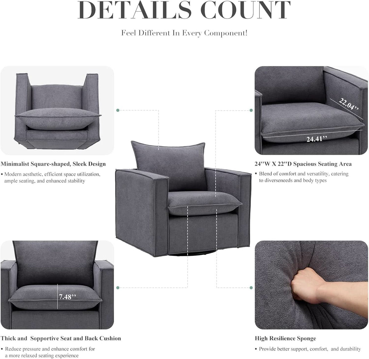 Charcoal Upholstered Swivel Accent Chair 34Inch Wide