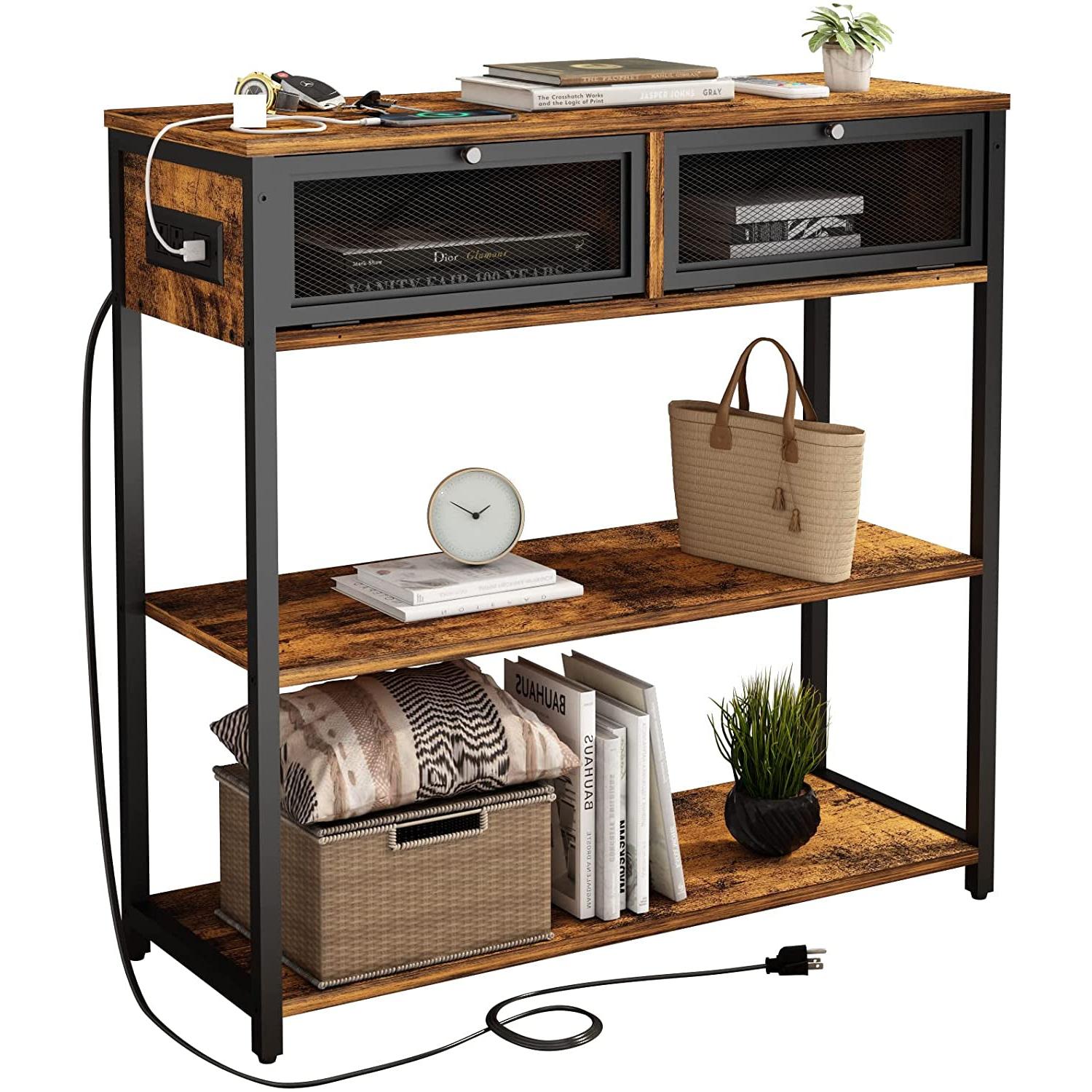 Charging Console Table With USB Ports And Storage Shelves