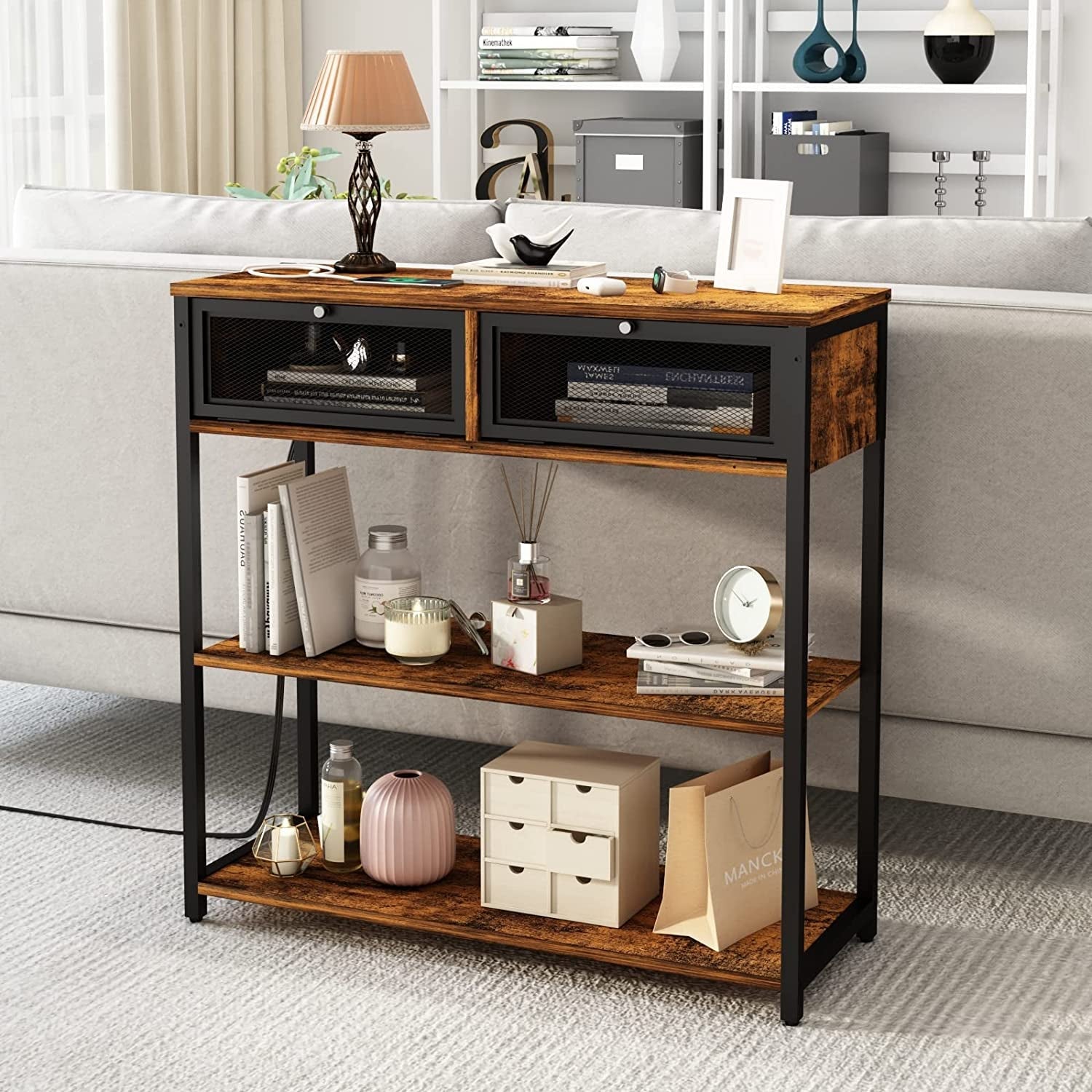Charging Console Table With USB Ports And Storage Shelves