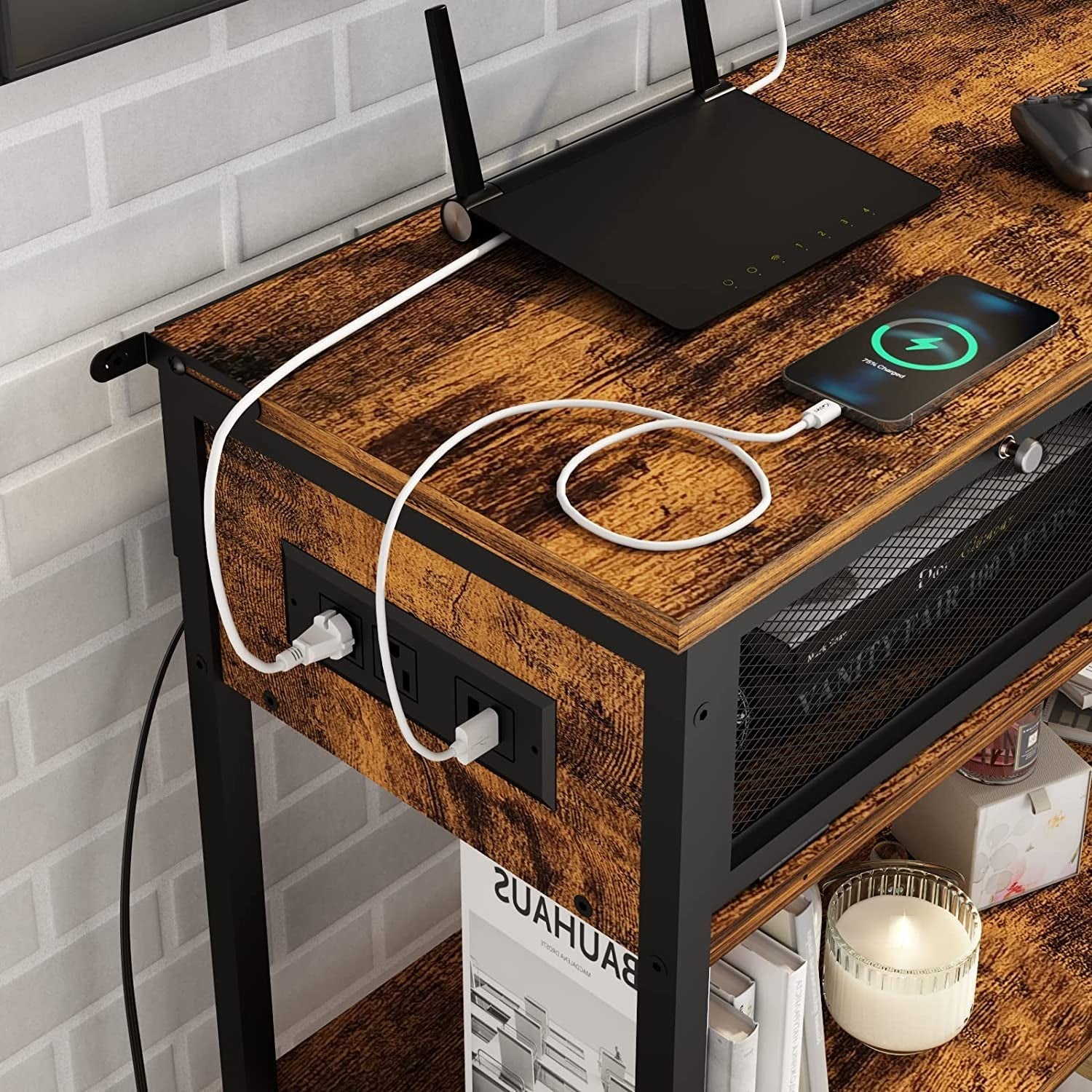 Charging Console Table With USB Ports And Storage Shelves