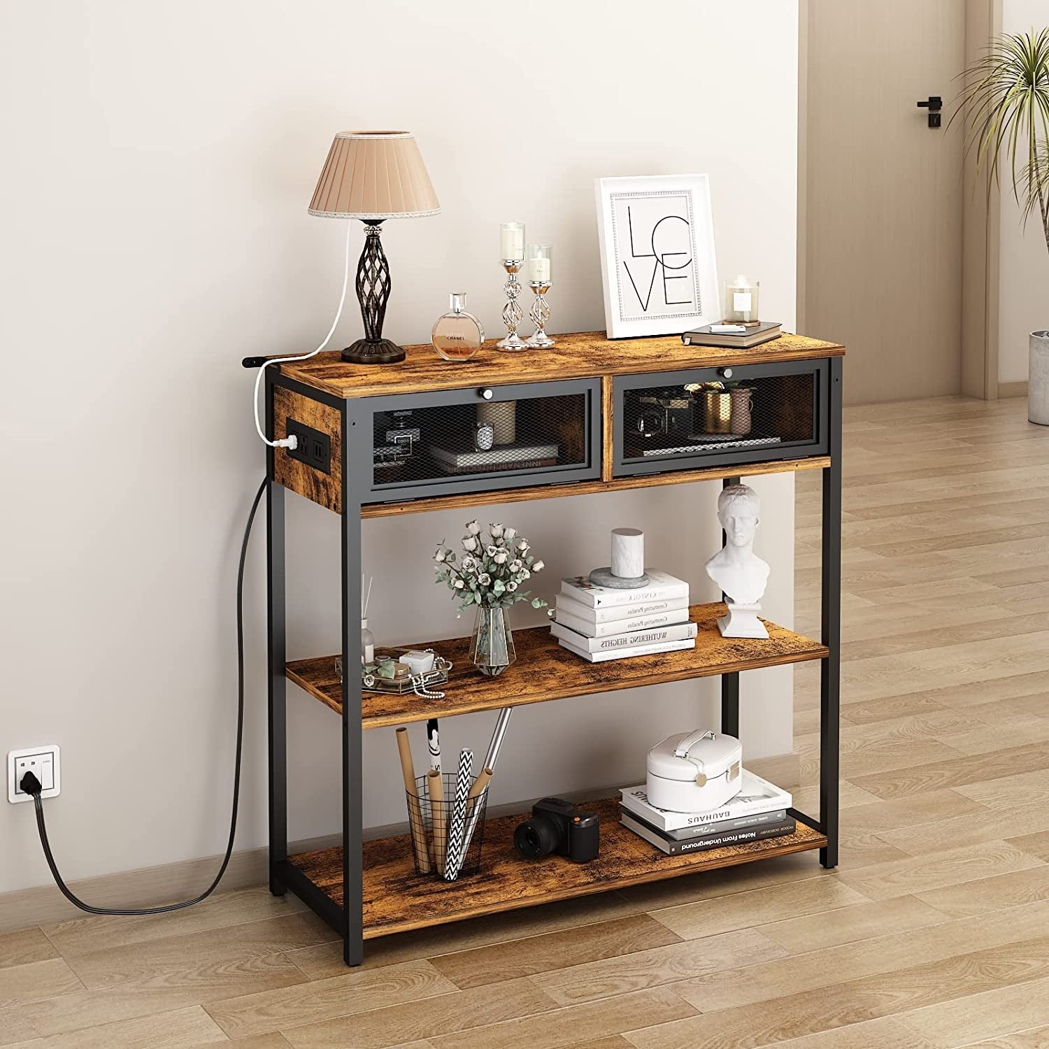 Charging Console Table With USB Ports And Storage Shelves