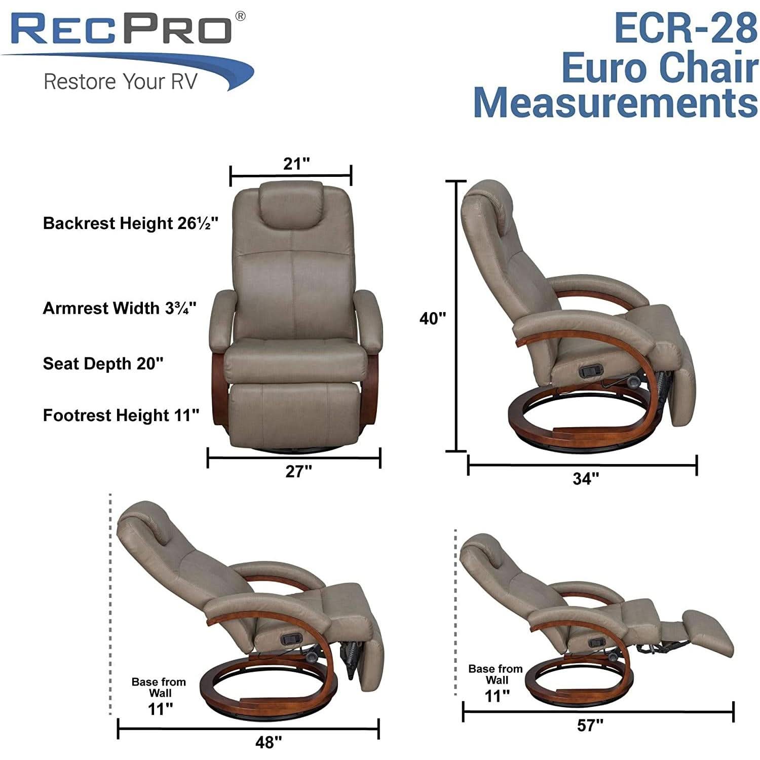 Charles 28 Inch RV Euro Chair Recliner With Swivel Footrest