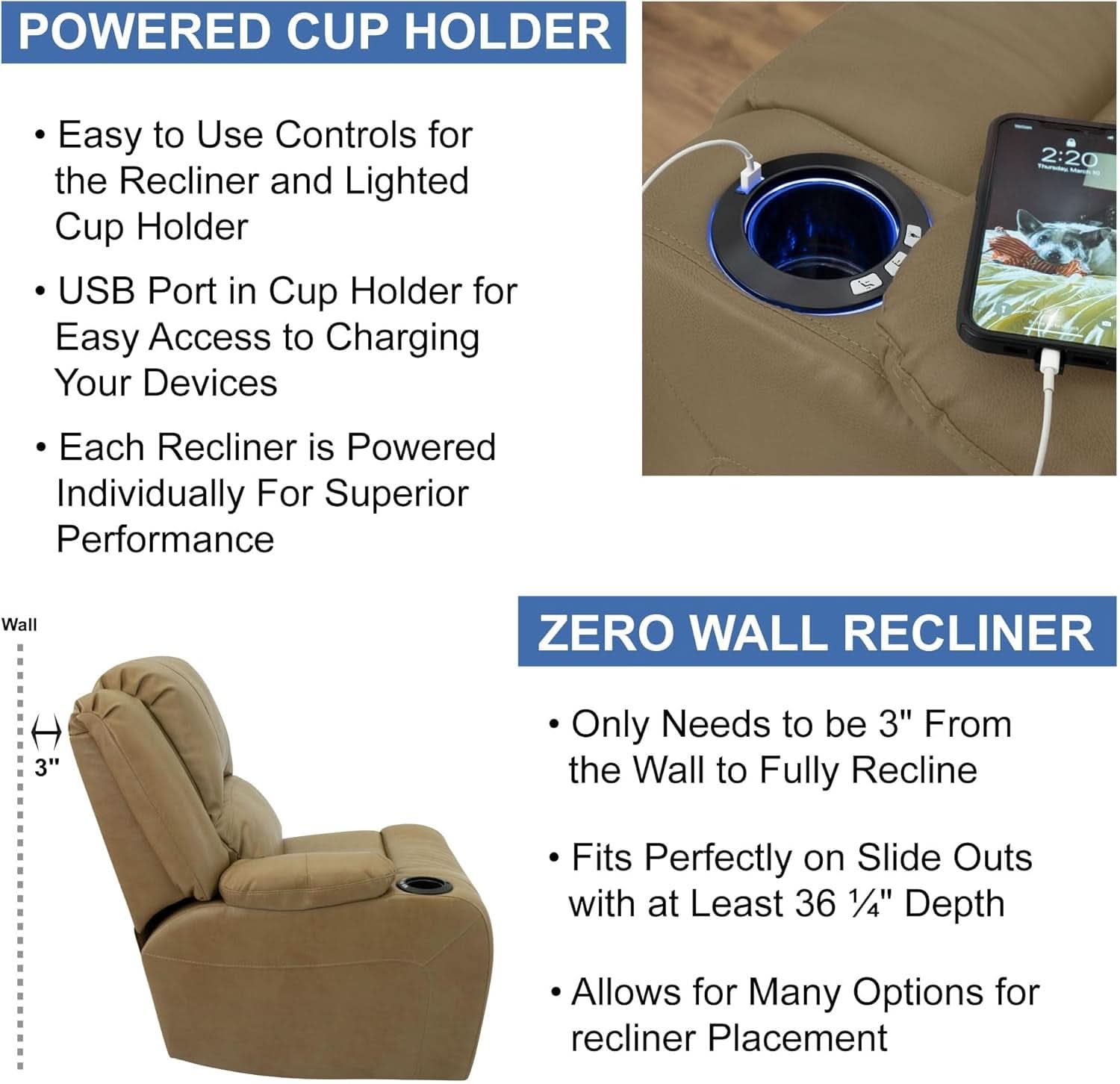 Charles 67 Inch Powered Double RV Wall Hugger Recliner Sofa