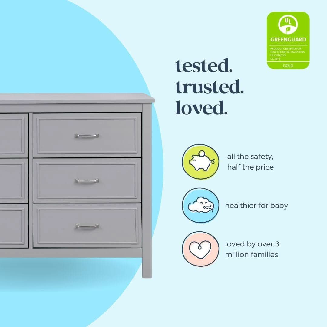 Charlie 6 Drawer Double Dresser Grey For Nursery And Kids Bedroom Storage