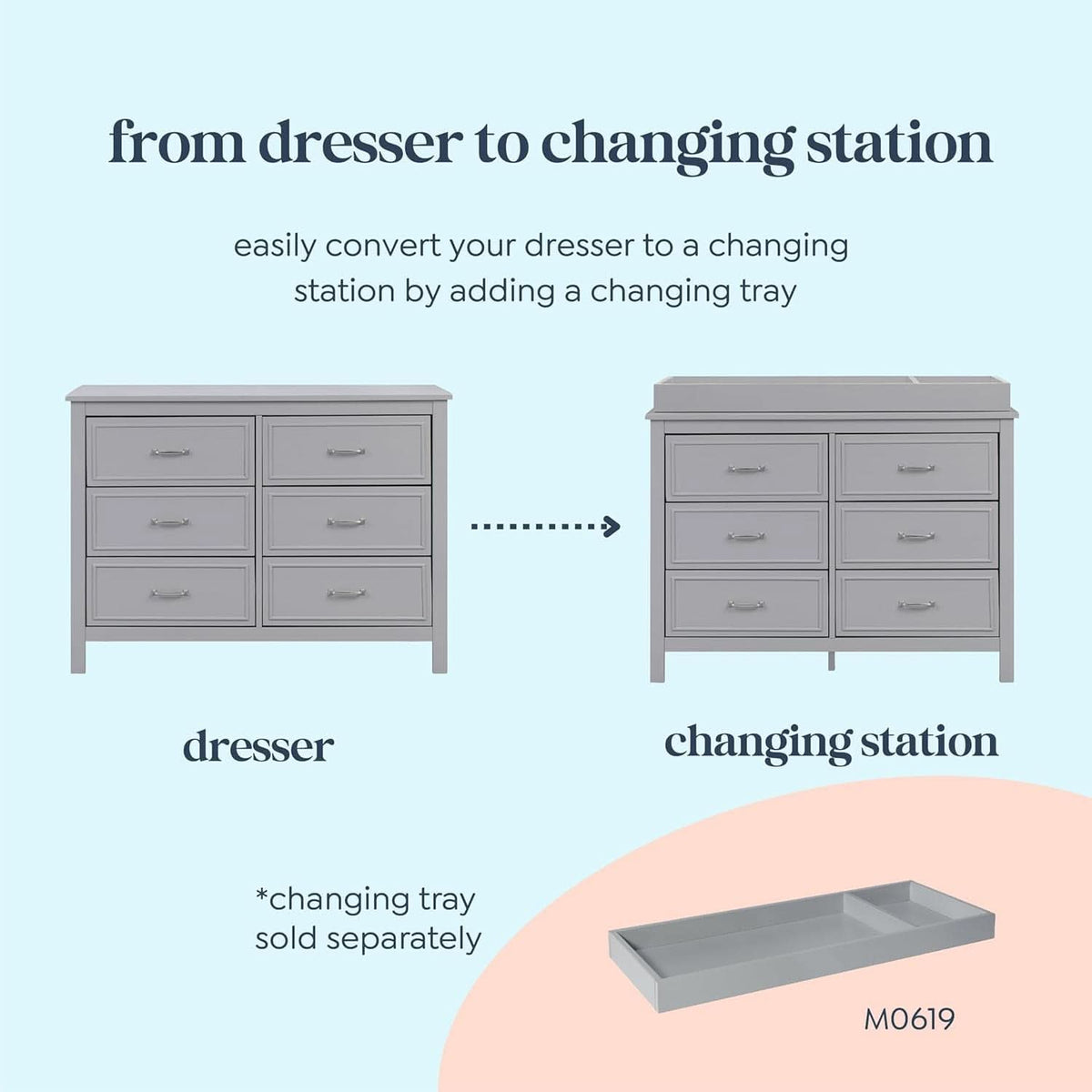 Charlie 6 Drawer Double Dresser Grey For Nursery And Kids Bedroom Storage